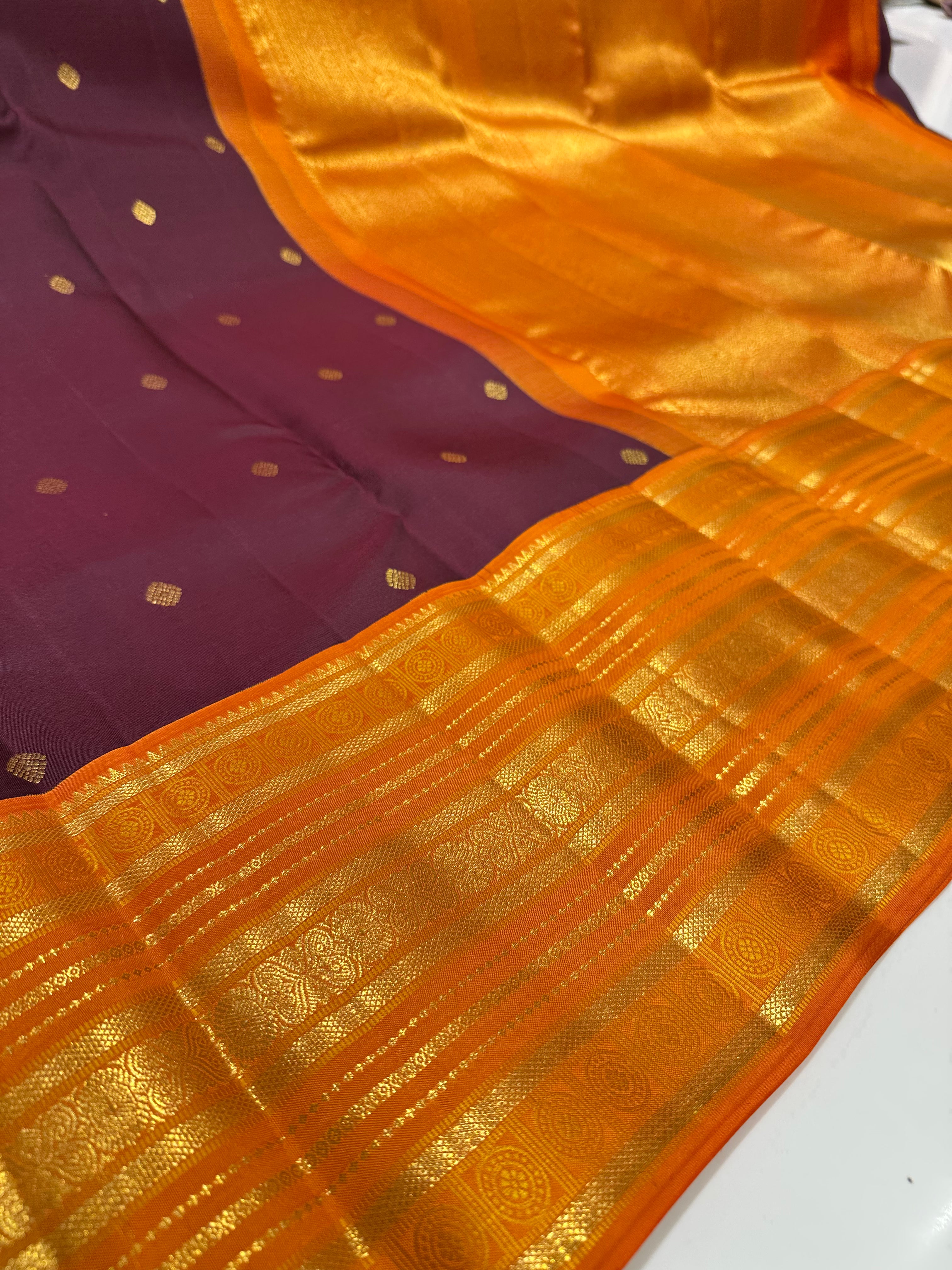 Brown and Orange Kanchipuram Silk Saree with Gold Zari Buttas – Wedding & Festive