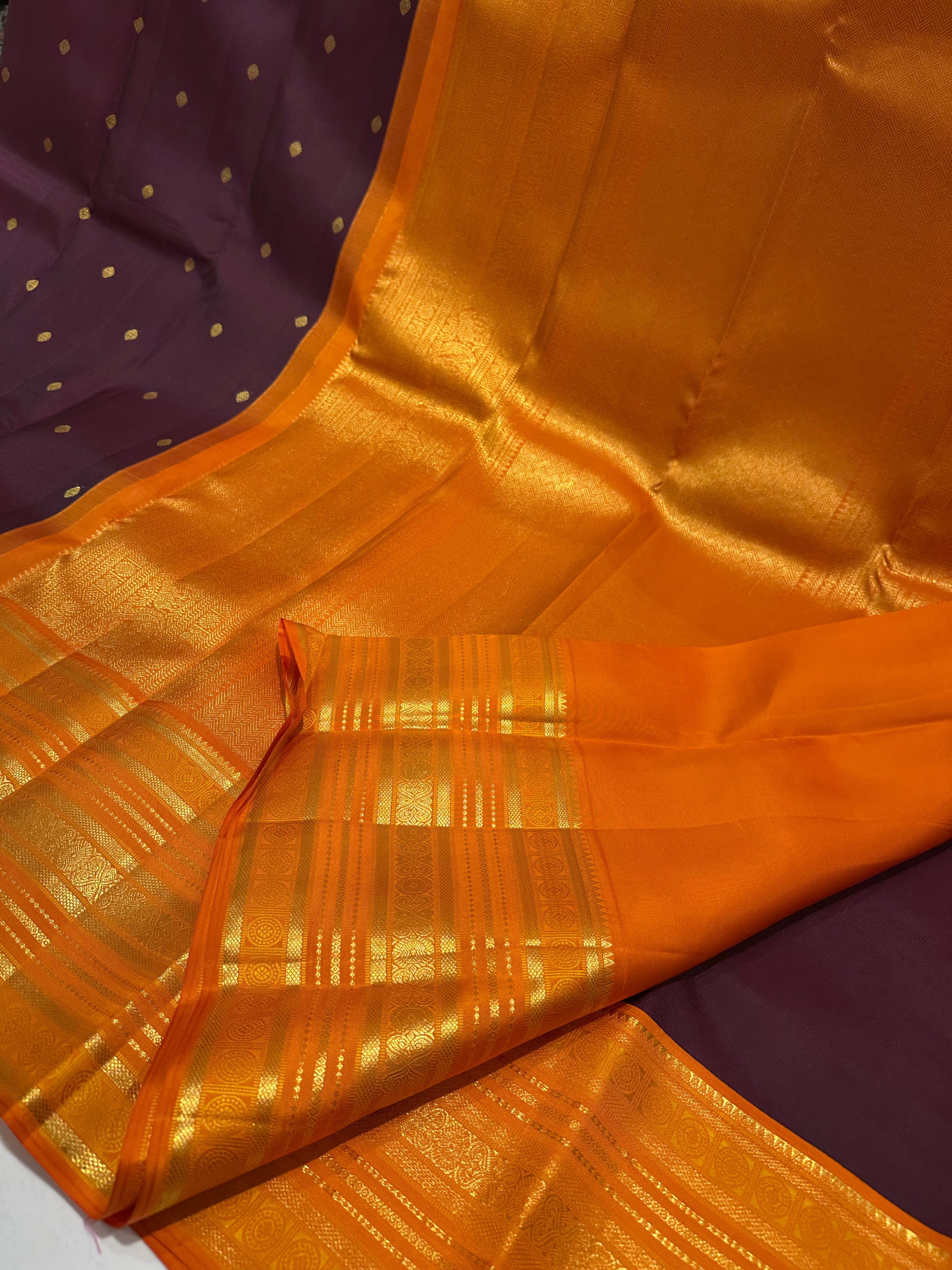 Brown and Orange Pure Kanjivaram Silk Saree with Gold Zari Buttas – Wedding & Festive