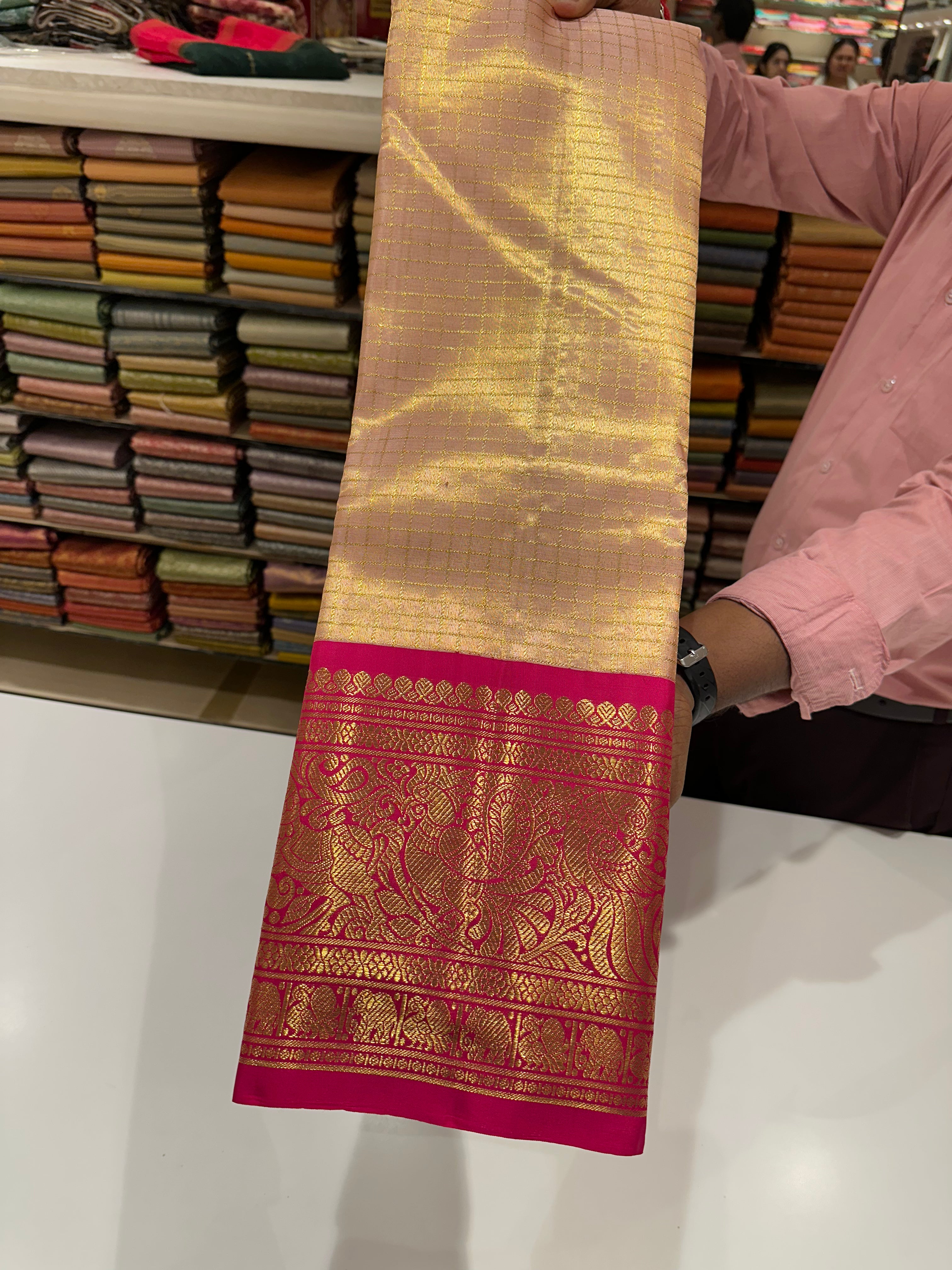 Grand Gold & Pink Kanchipuram Silk Saree with Rich Golden Zari and Border Lines – Bridal Wear