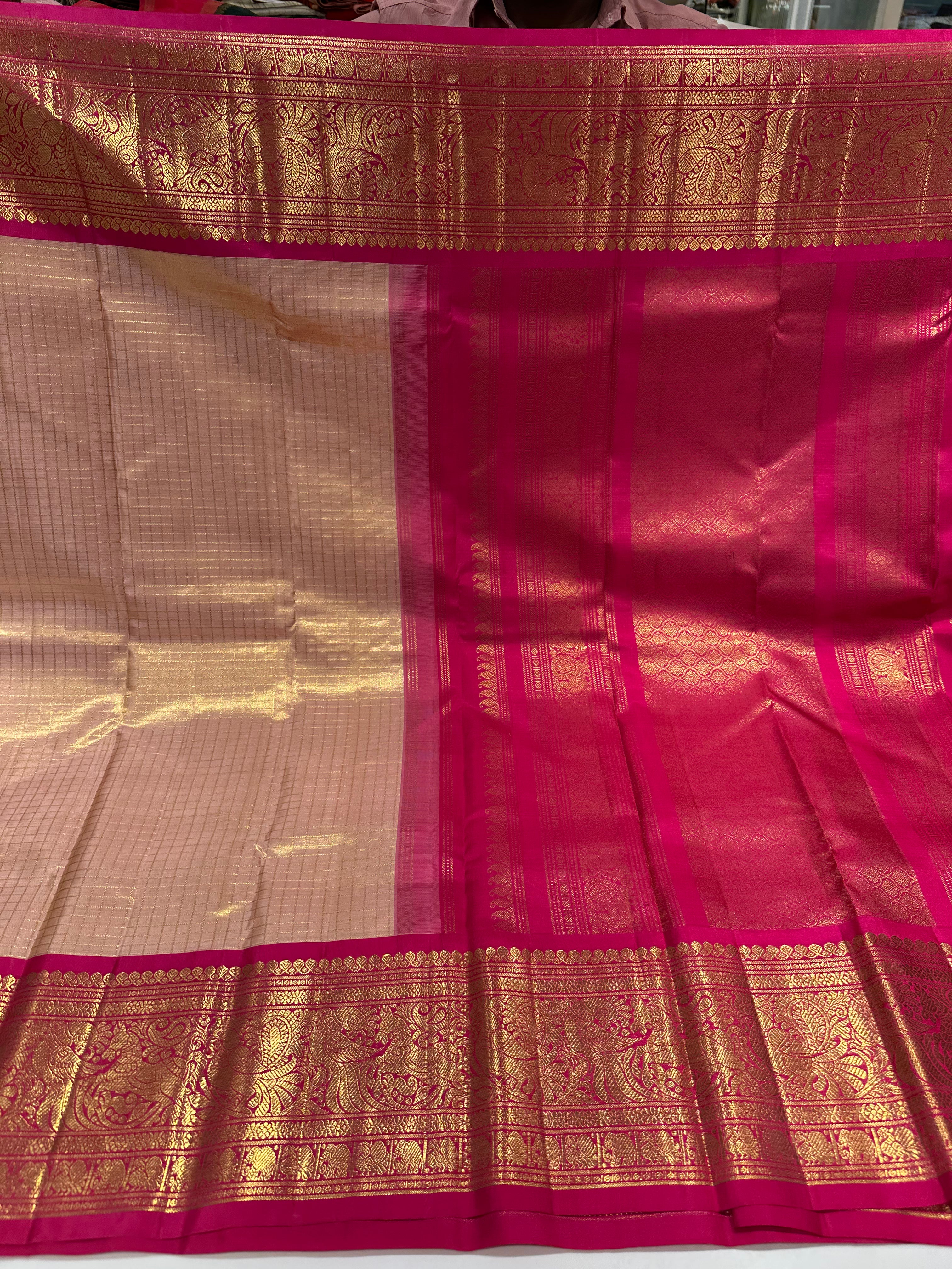 Grand Gold & Pink Kanchipuram Silk Saree with Rich Golden Zari and Border Lines – Bridal Wear
