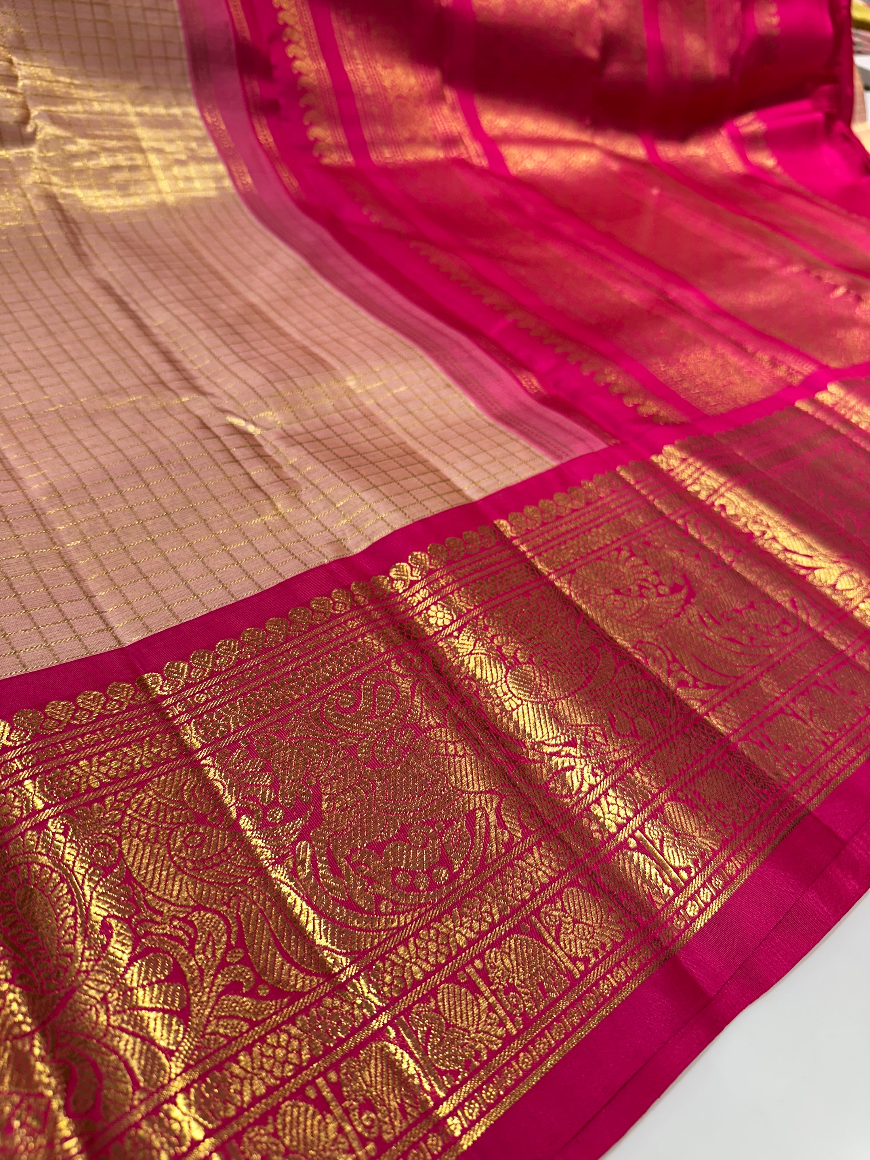 Grand Gold & Pink Pure Kanjivaram Silk Saree with Rich Golden Zari and Border Lines – Bridal Wear