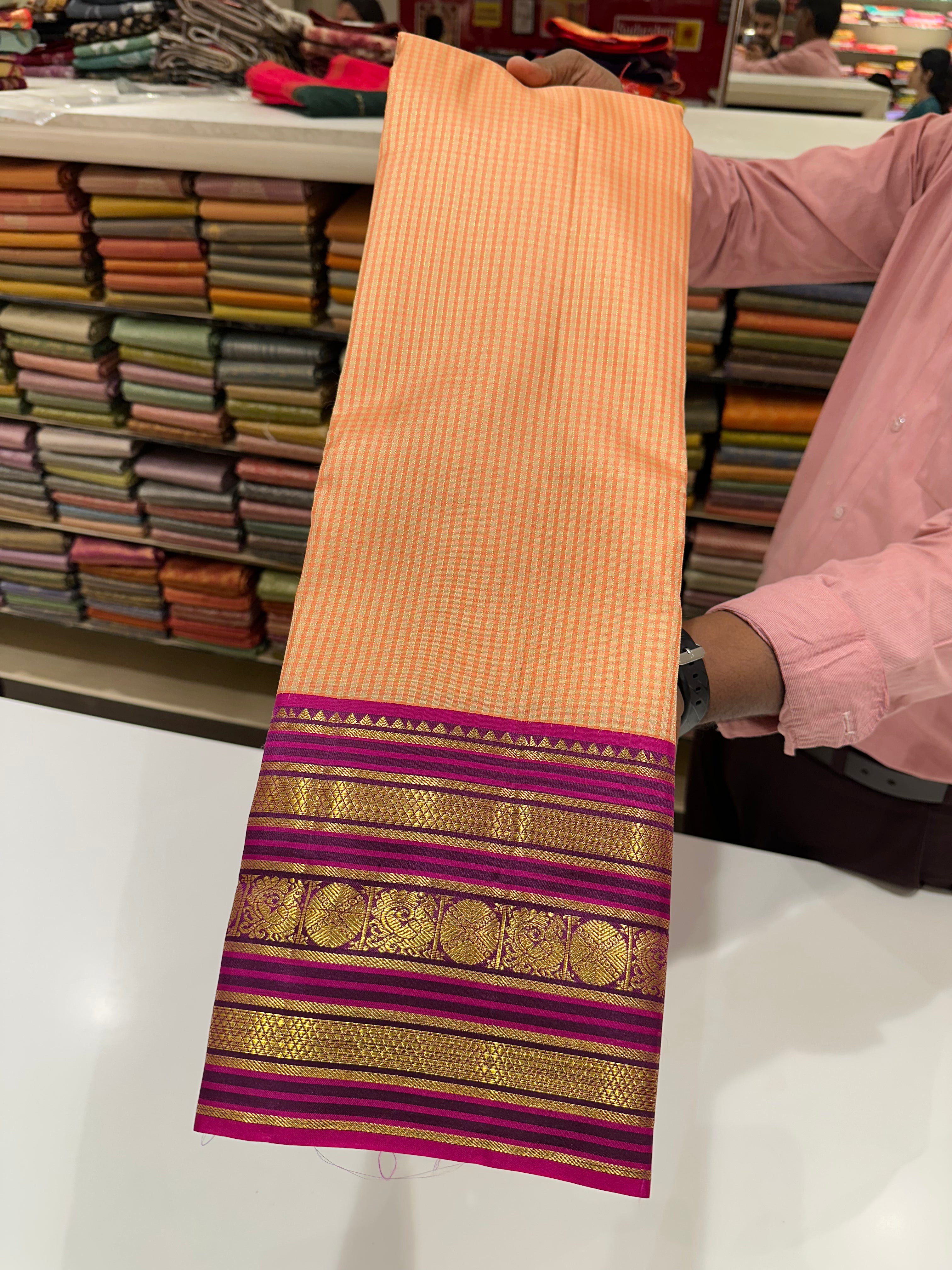 Vibrant Orange and Pink Kanjivaram Silk Saree with Rich Golden Zari Work – Wedding Collection