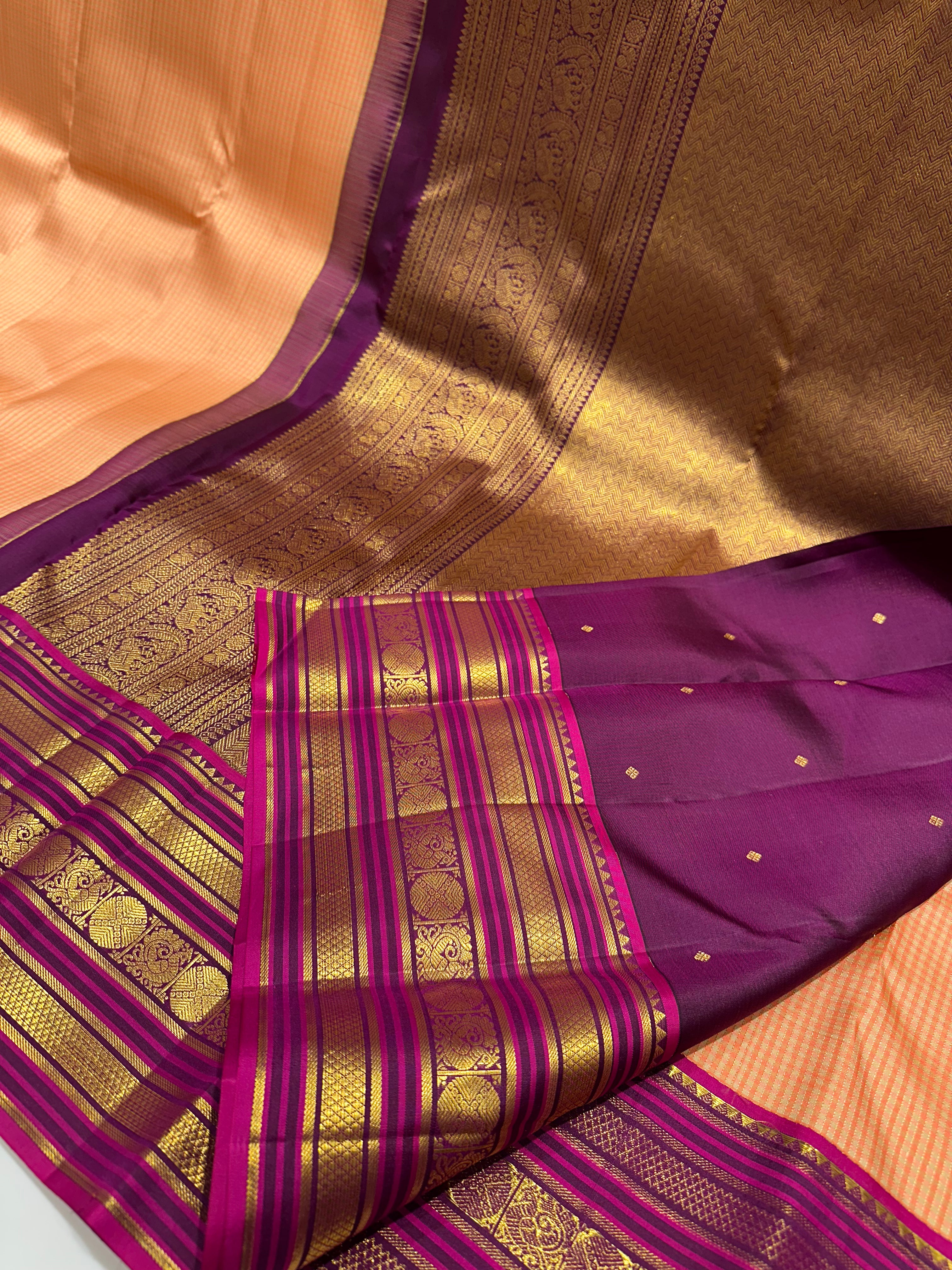 Vibrant Orange and Pink Kanjivaram Silk Saree with Rich Golden Zari Work – Wedding Collection