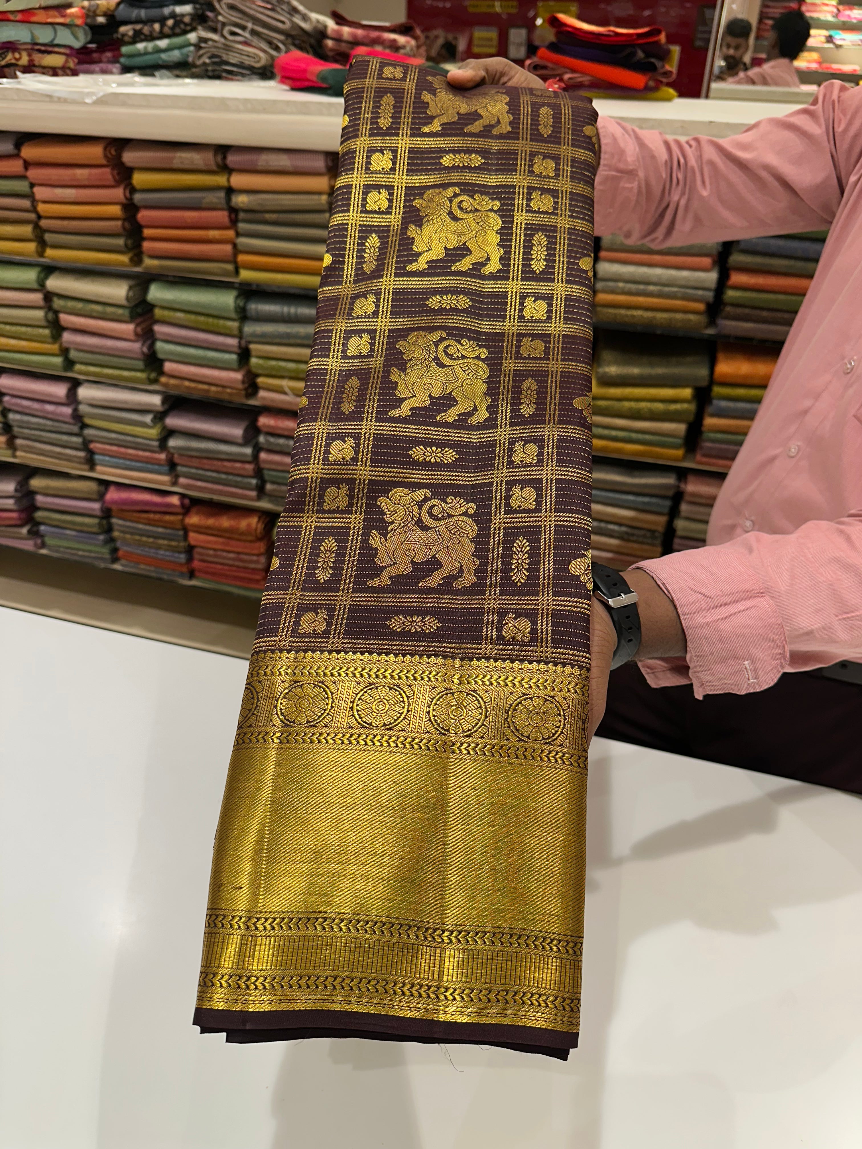 Brown Kanchipuram Silk Saree with Full Gold Zari Design and Grand Border Buttas – Bridal Wear