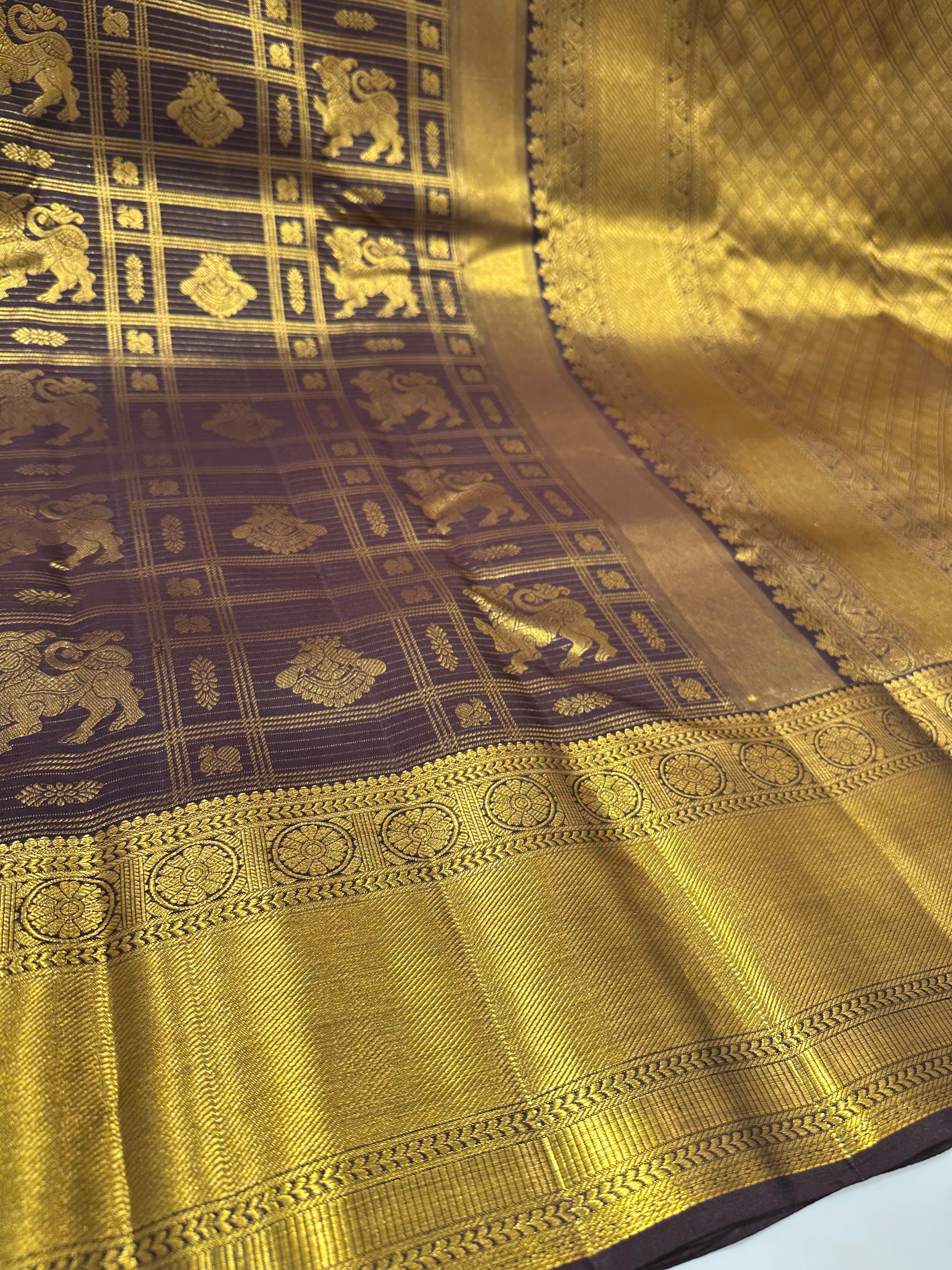 Brown Kanchipuram Silk Saree with Full Gold Zari Design and Grand Border Buttas – Bridal Wear