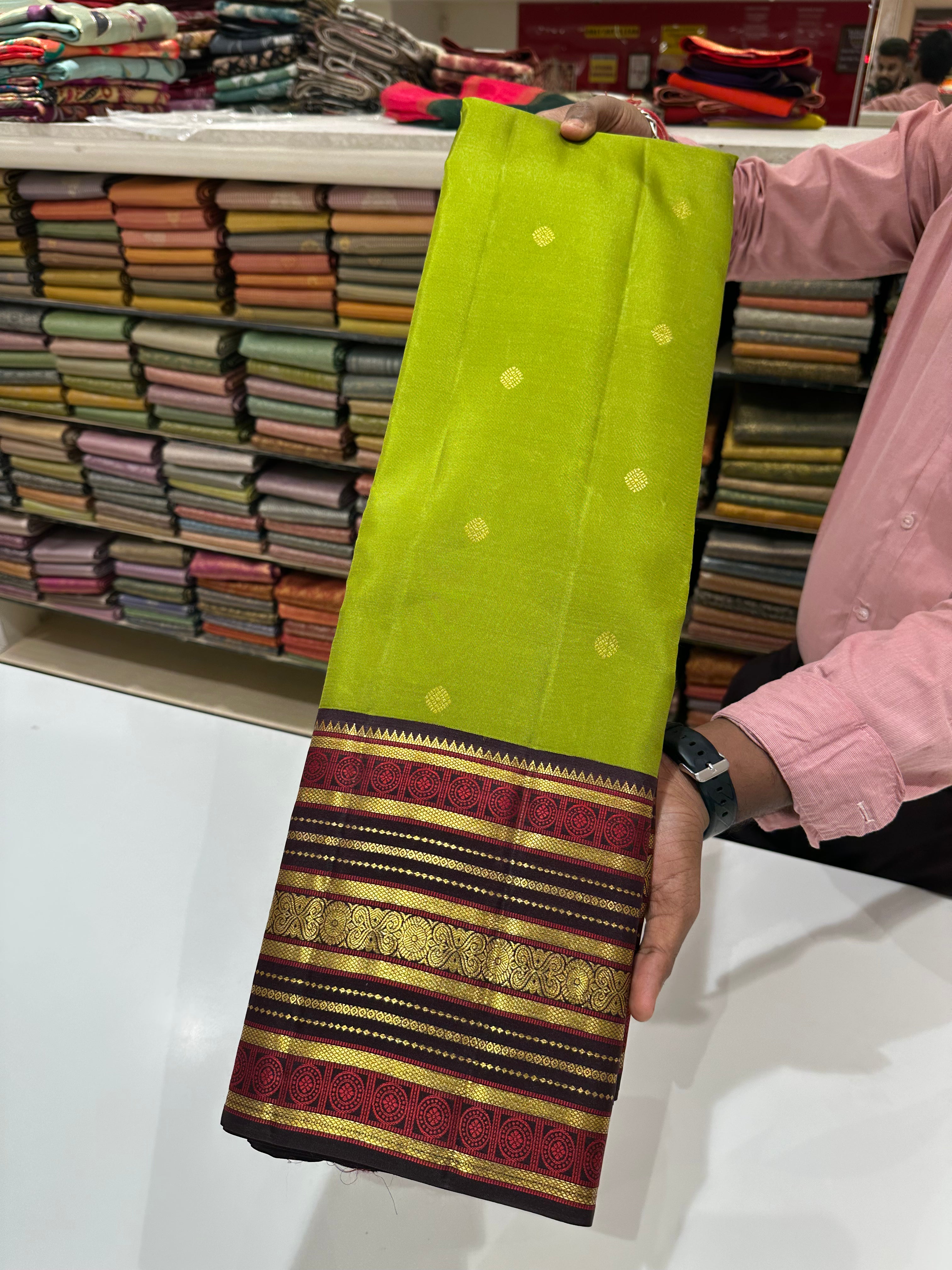 Green and Brown Vintage Saree with Full Gold Zari Design and Grand Border Buttas – Bridal Wear