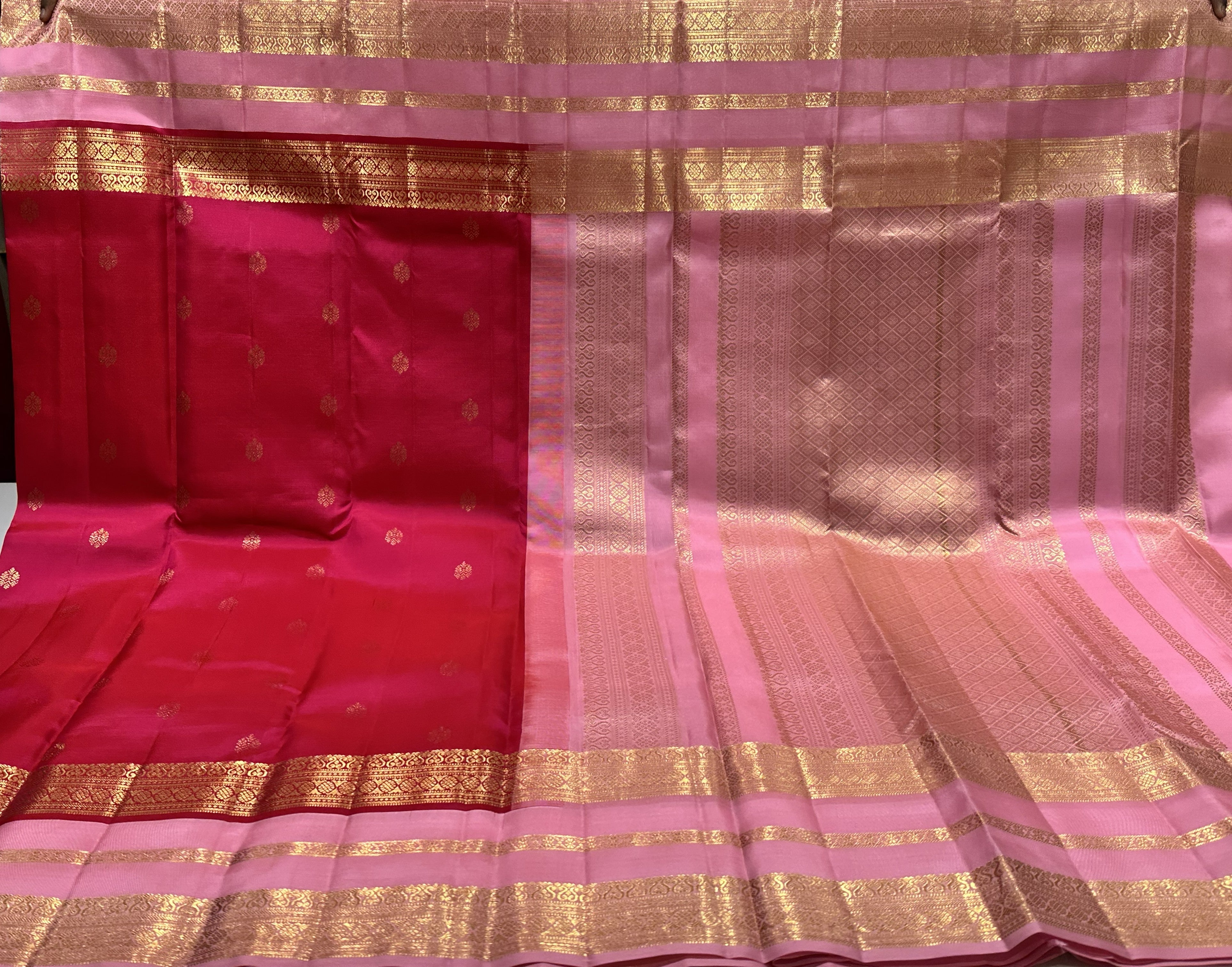 Elegant Dark Pink Pure Kanjivaram Silk Saree with Baby Pink Contrast Border