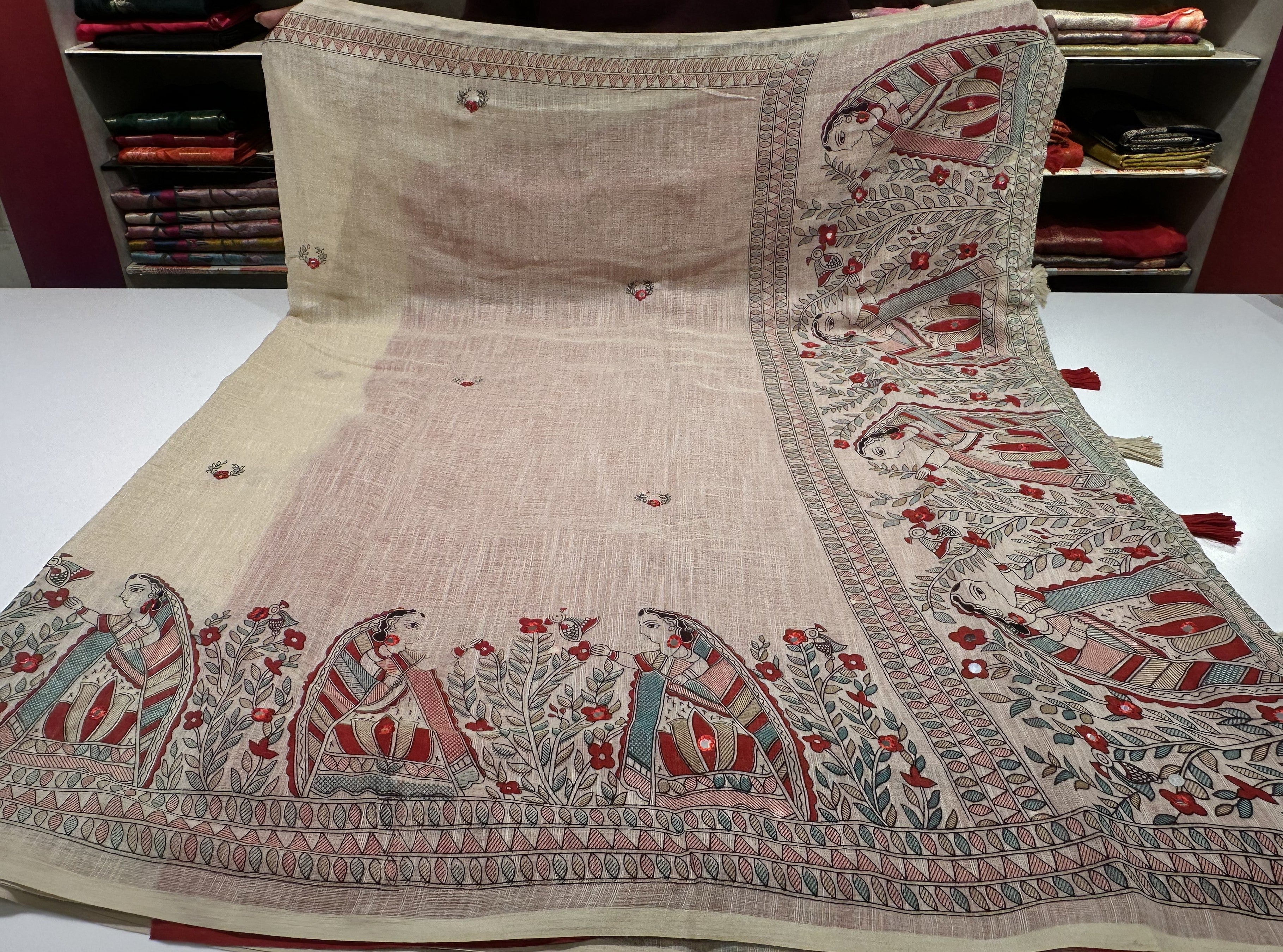 Handcrafted Beige Cotton Saree with Madhubani Floral Design Border and Pallu