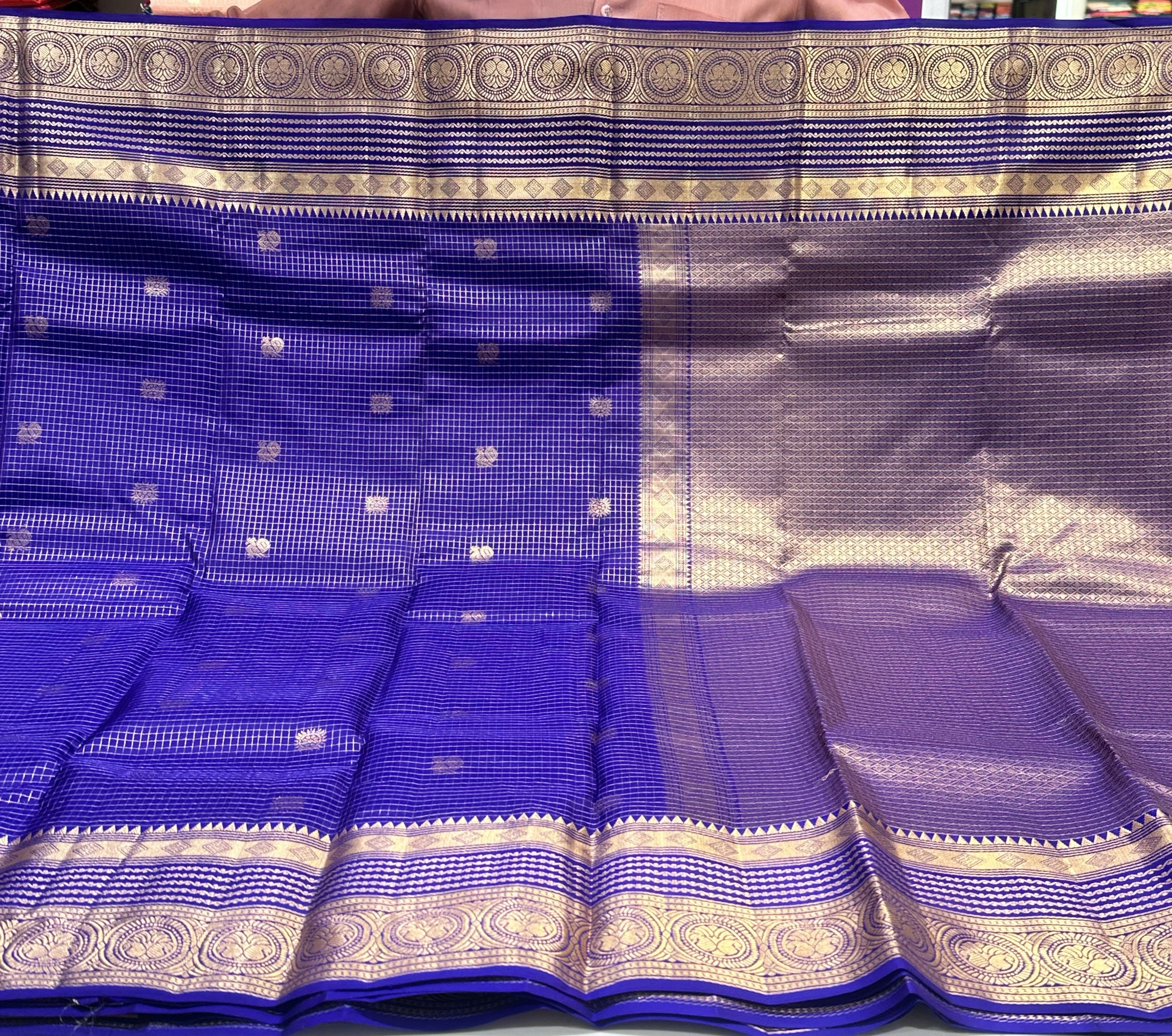 Premium Blue checked Semi-Kanjivaram Saree