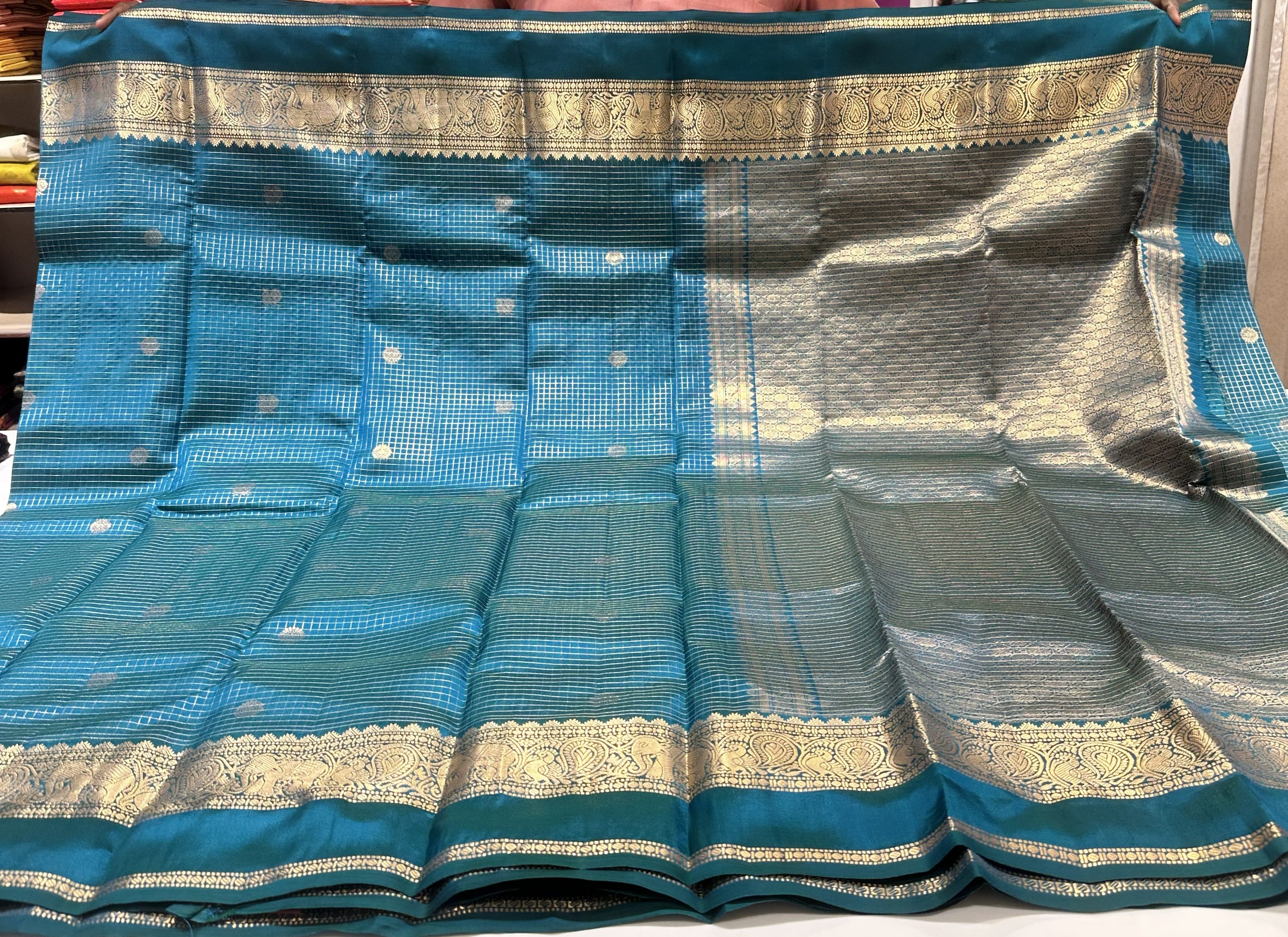 Premium Rama Blue checked Semi-Kanjivaram Saree