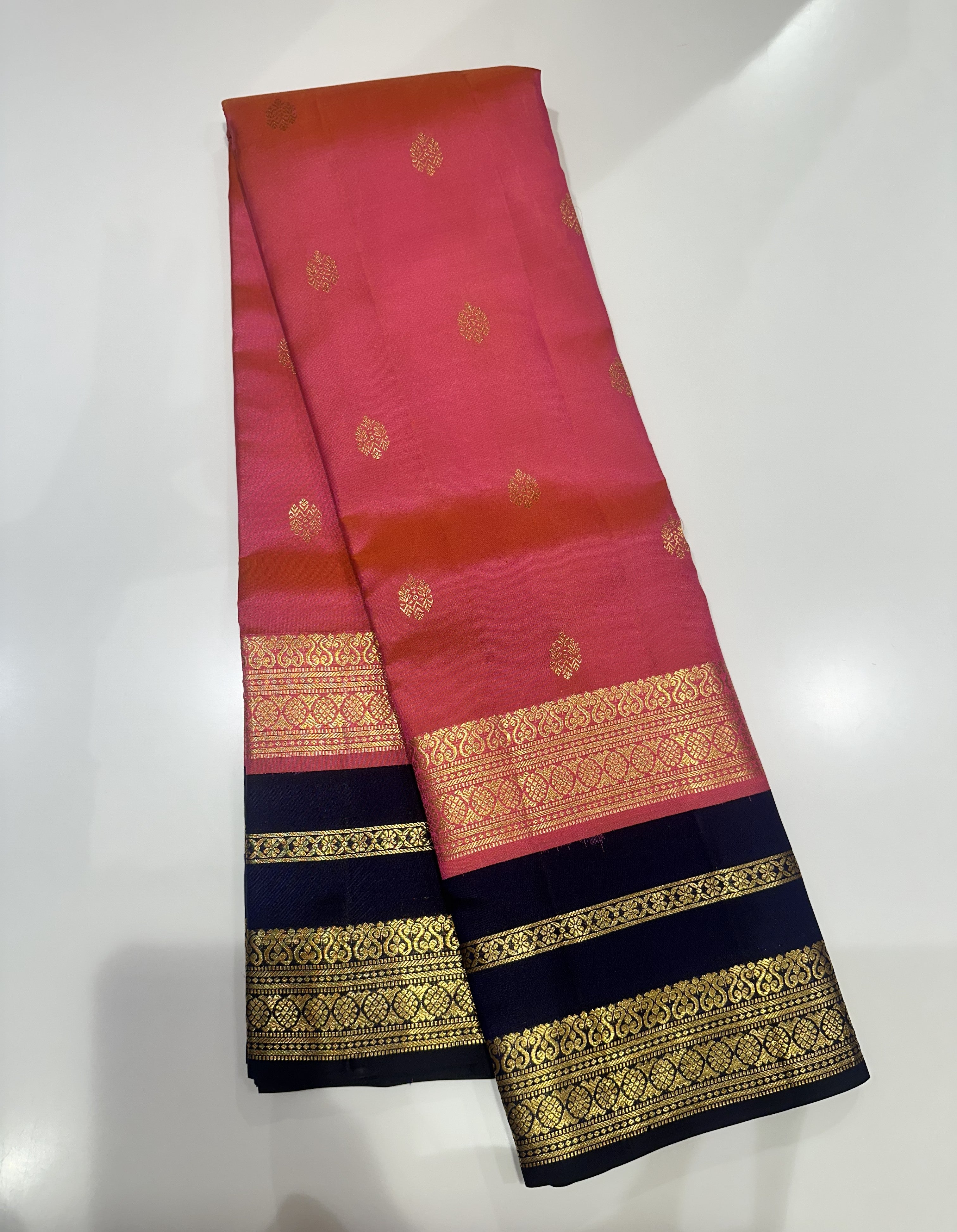 Rose Peach Pure Kanjivaram Saree with Navy Blue Contrast