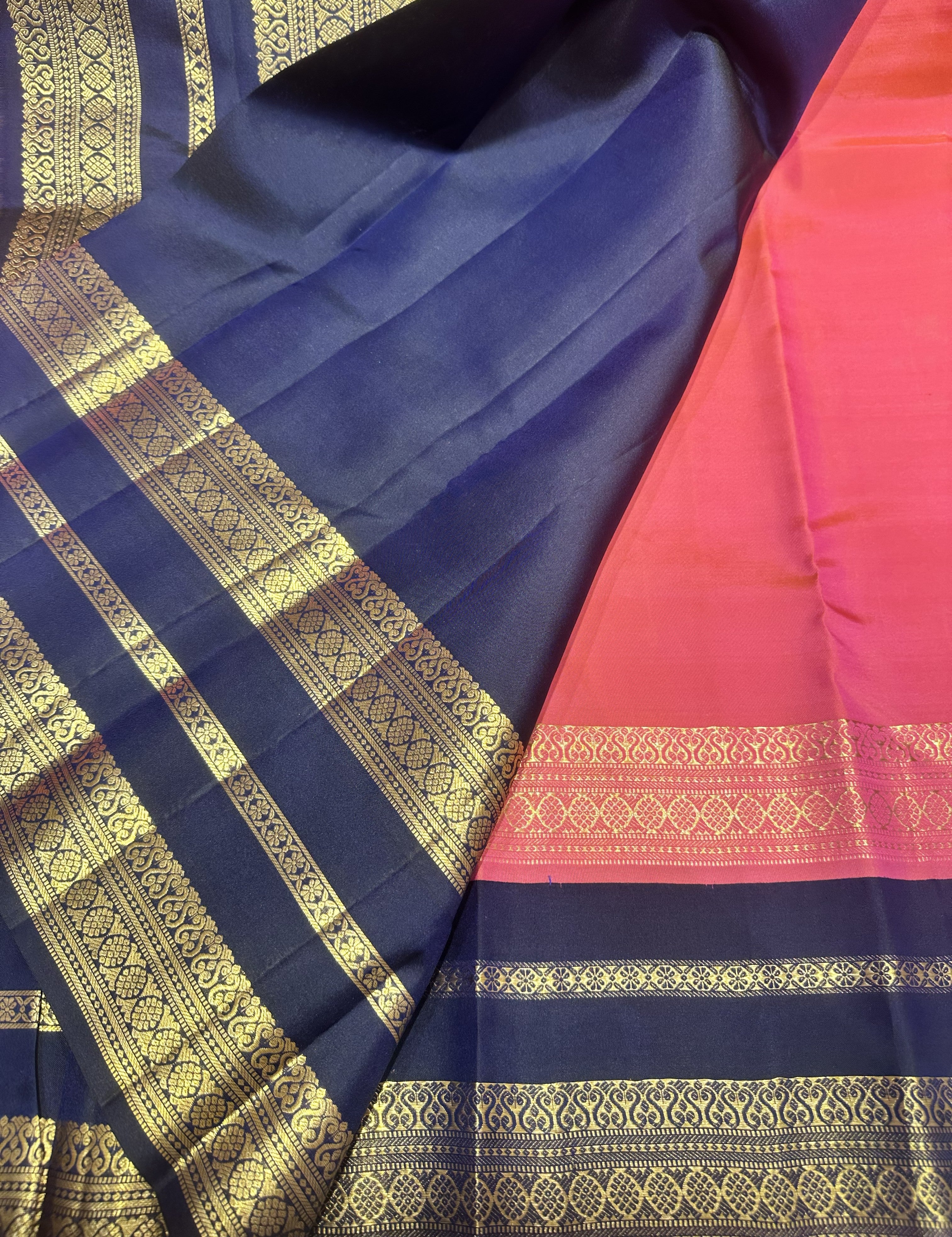 Rose Peach Pure Kanjivaram Saree with Navy Blue Contrast