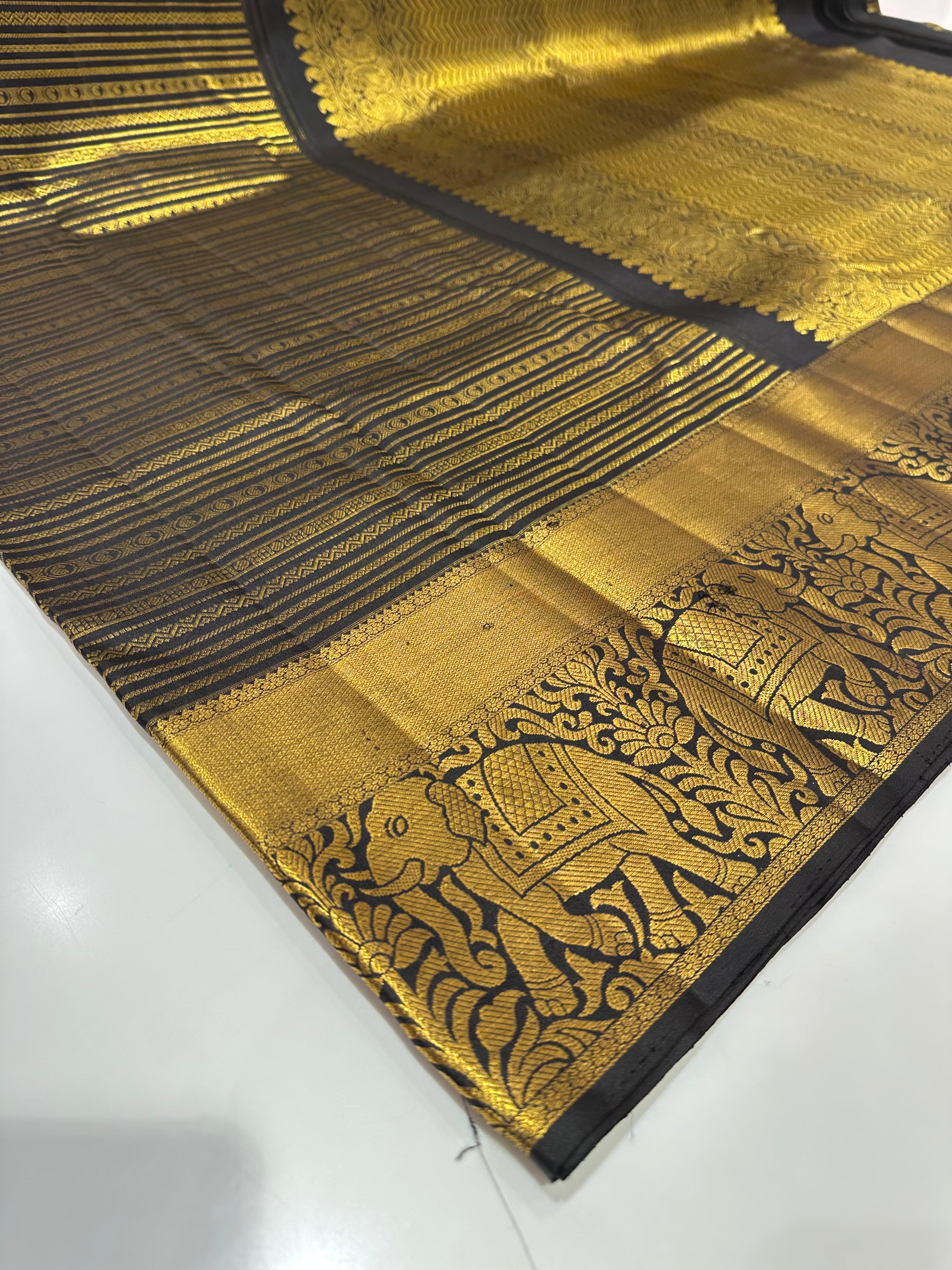 Black Pure Kanjivaram Silk Saree with Gold Zari Border & Line Work – Wedding & Traditional Wear