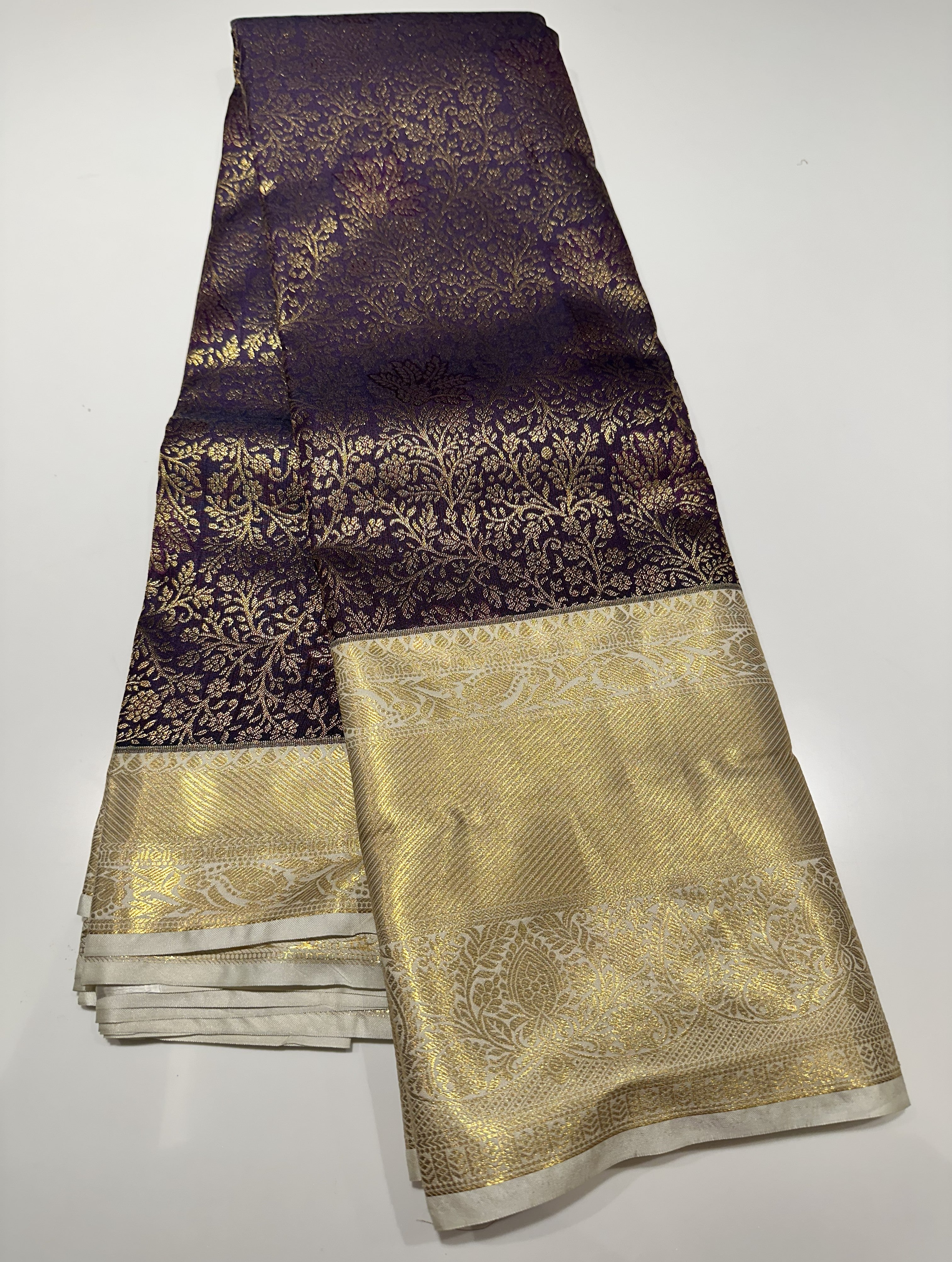 Elegant Dark Purple Semi Brocade Silk Saree With Cream Contrast