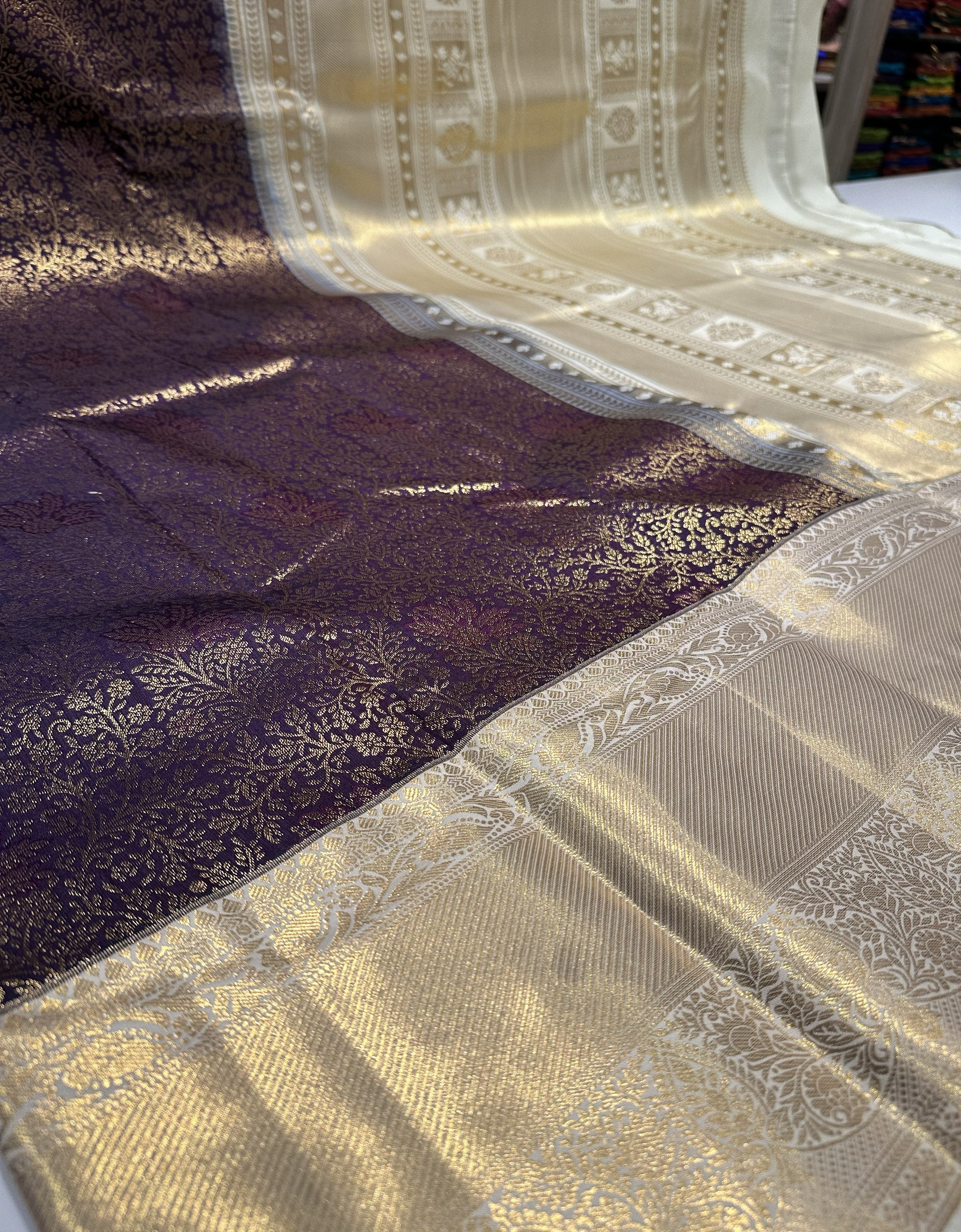 Elegant Dark Purple Semi Brocade Silk Saree With Cream Contrast