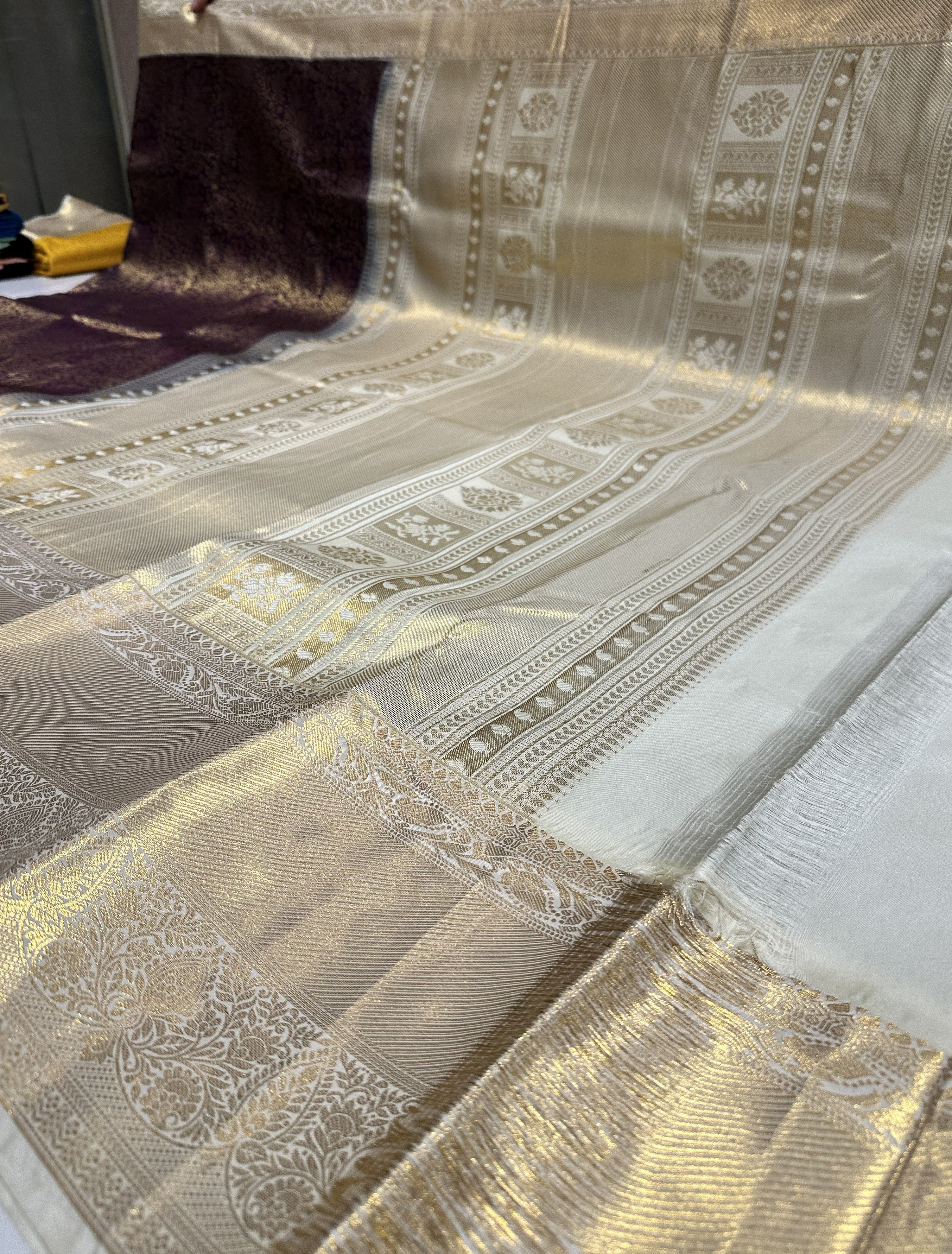 Elegant Dark Purple Semi Brocade Silk Saree With Cream Contrast