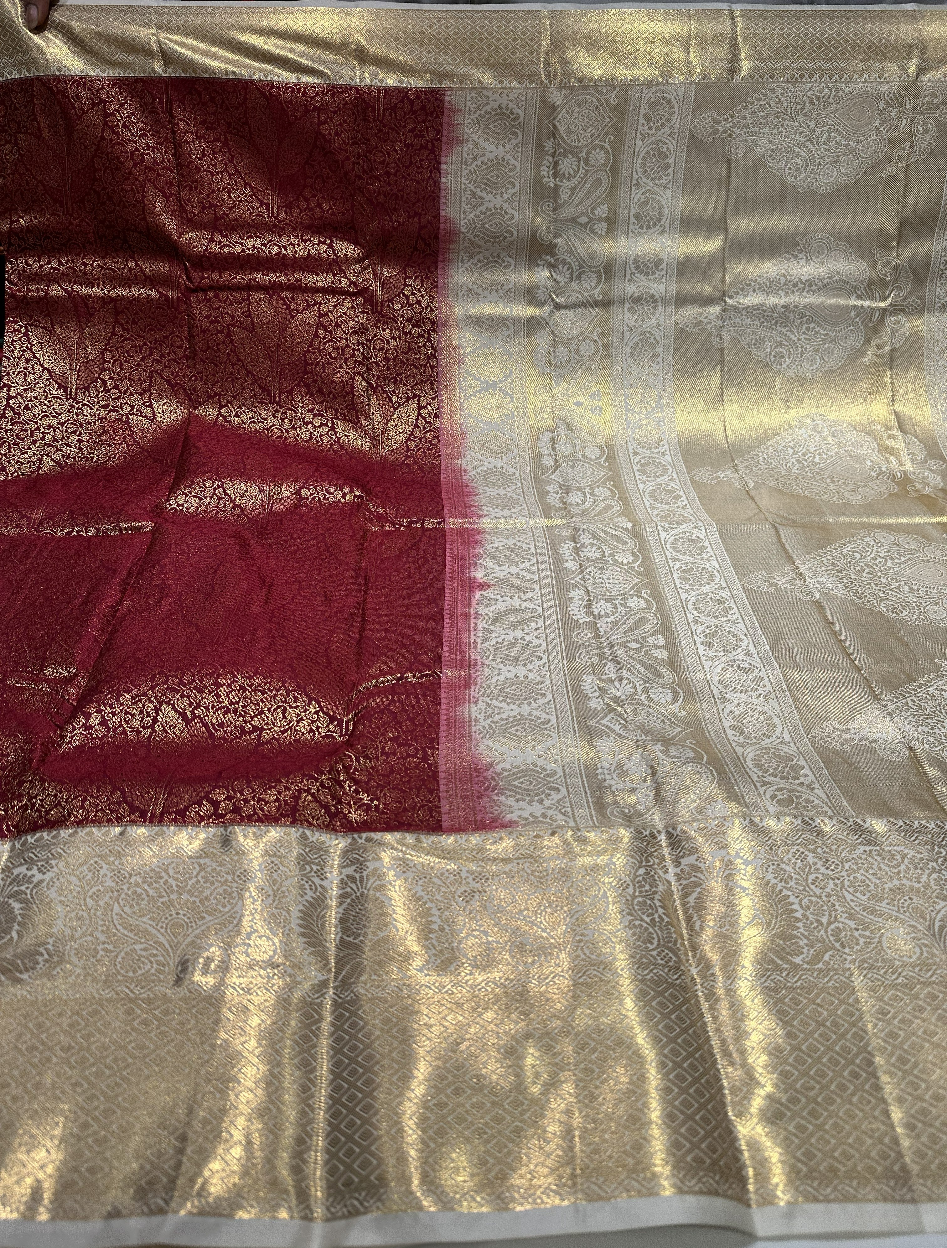Rich Brown Semi Brocade Silk Saree With Cream Contrast