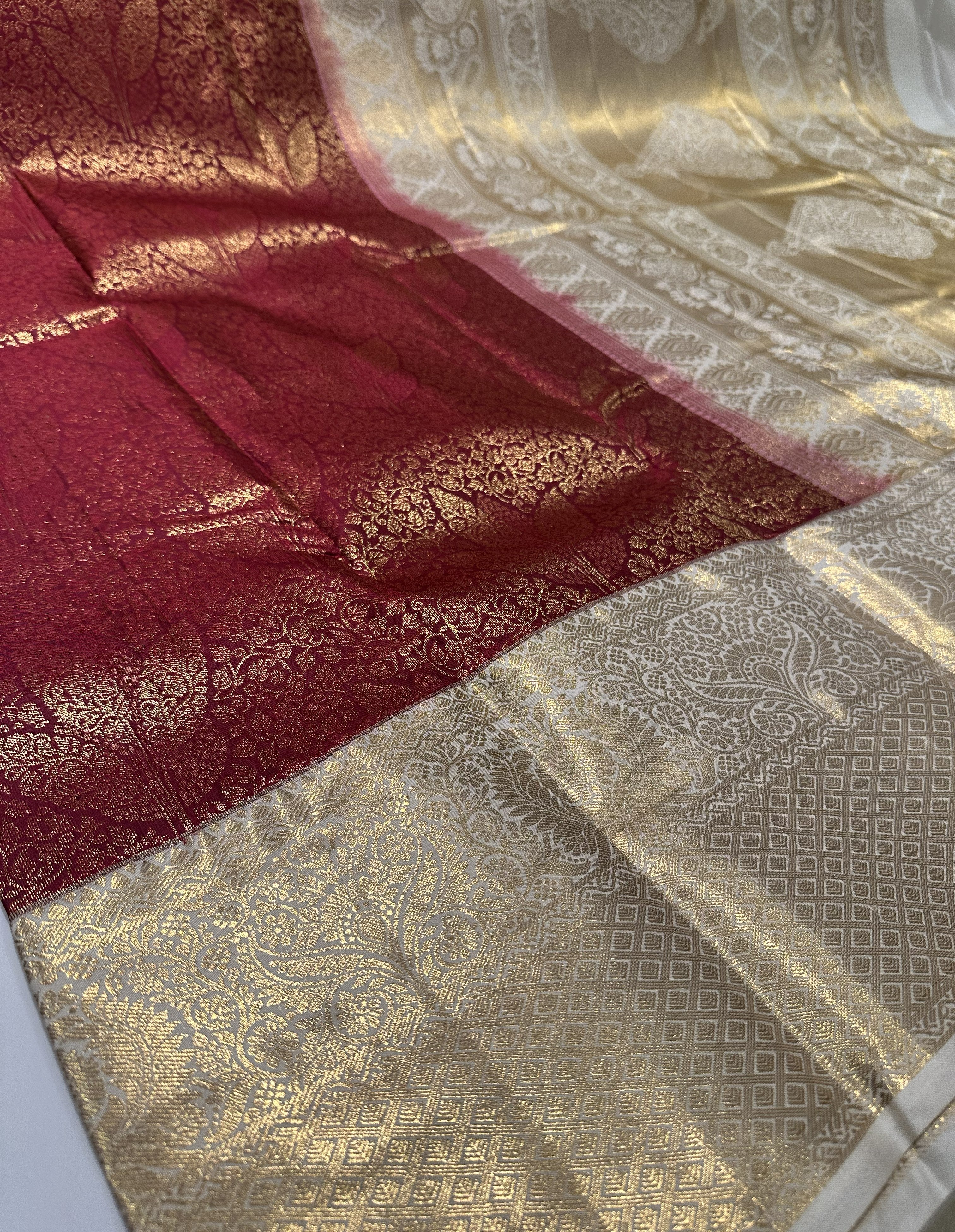 Rich Brown Semi Brocade Silk Saree With Cream Contrast