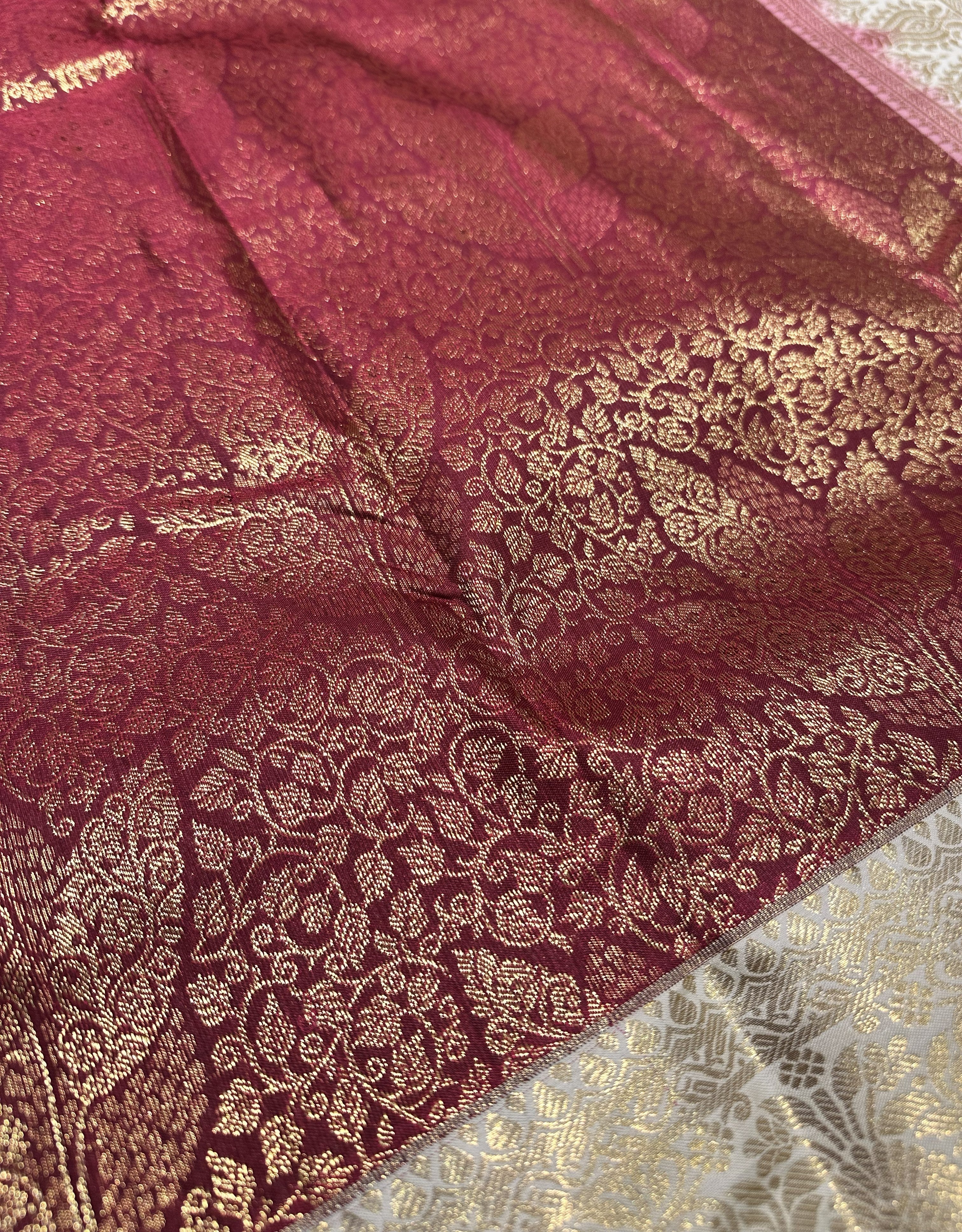 Rich Brown Semi Brocade Silk Saree With Cream Contrast