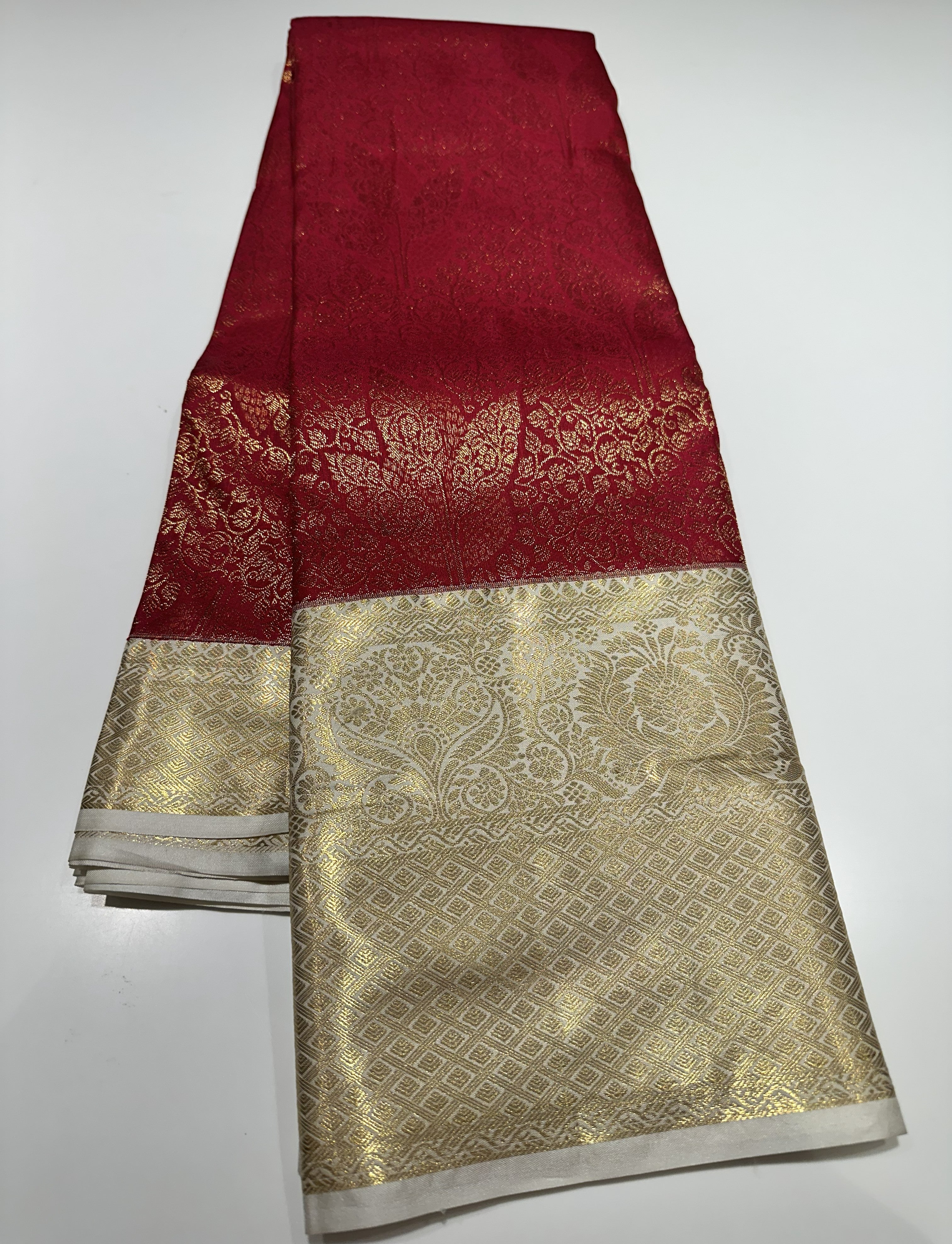 Dark Red Semi Brocade Silk Saree With Cream Contrast