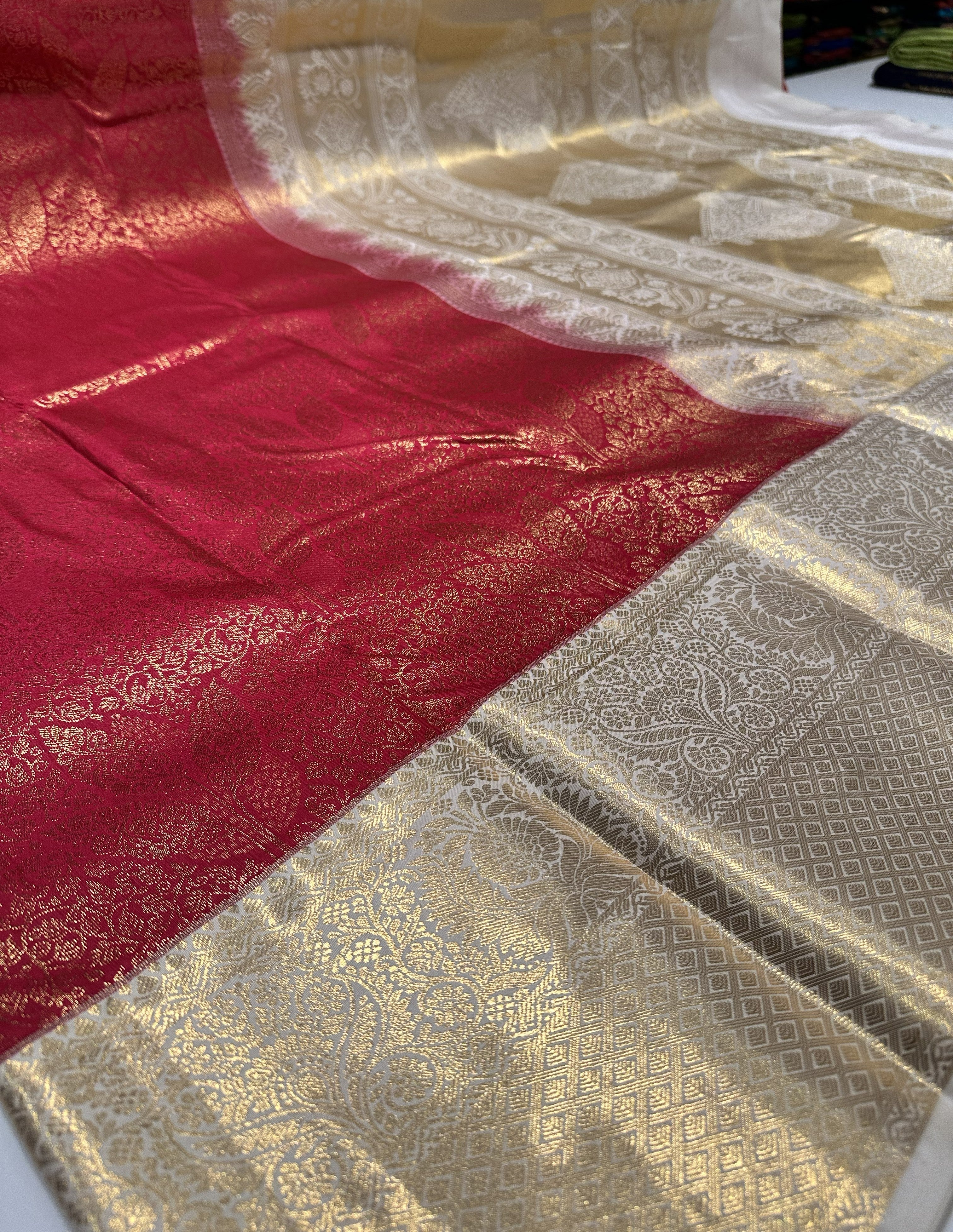 Dark Red Semi Brocade Silk Saree With Cream Contrast