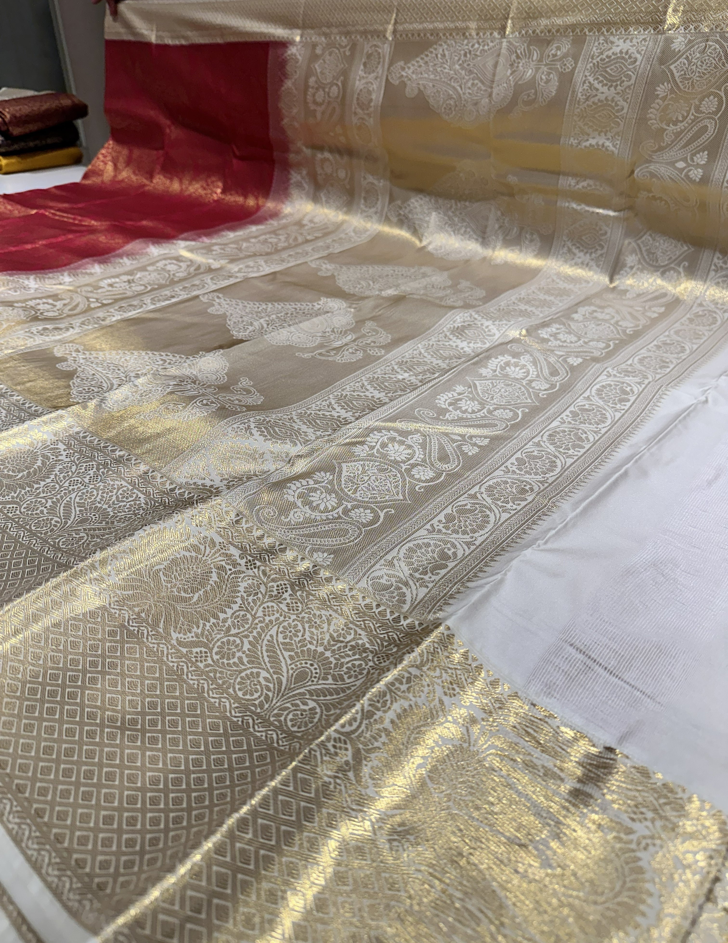 Dark Red Semi Brocade Silk Saree With Cream Contrast