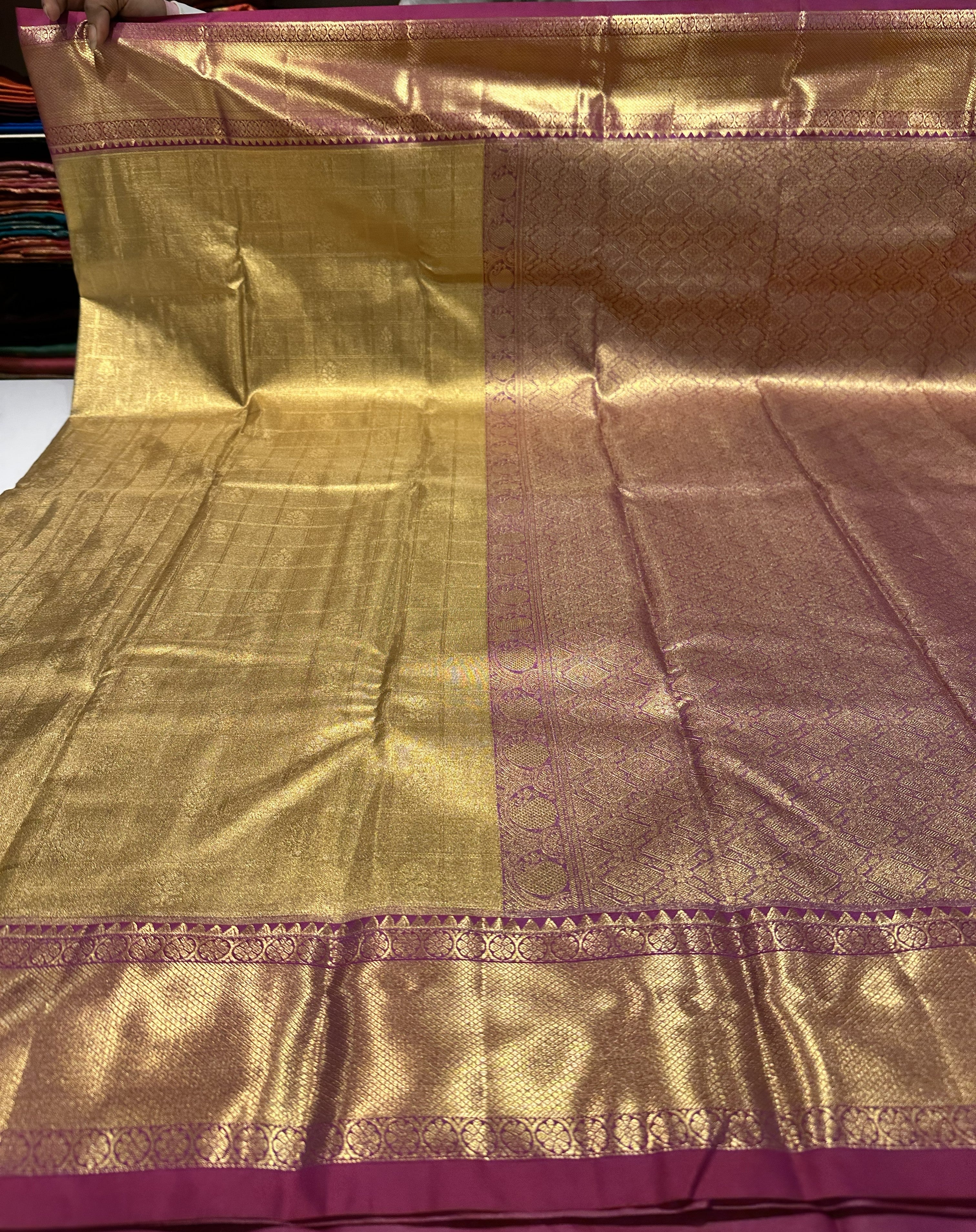 Rich Gold Semi Tissue Silk Saree With Purple Contrast