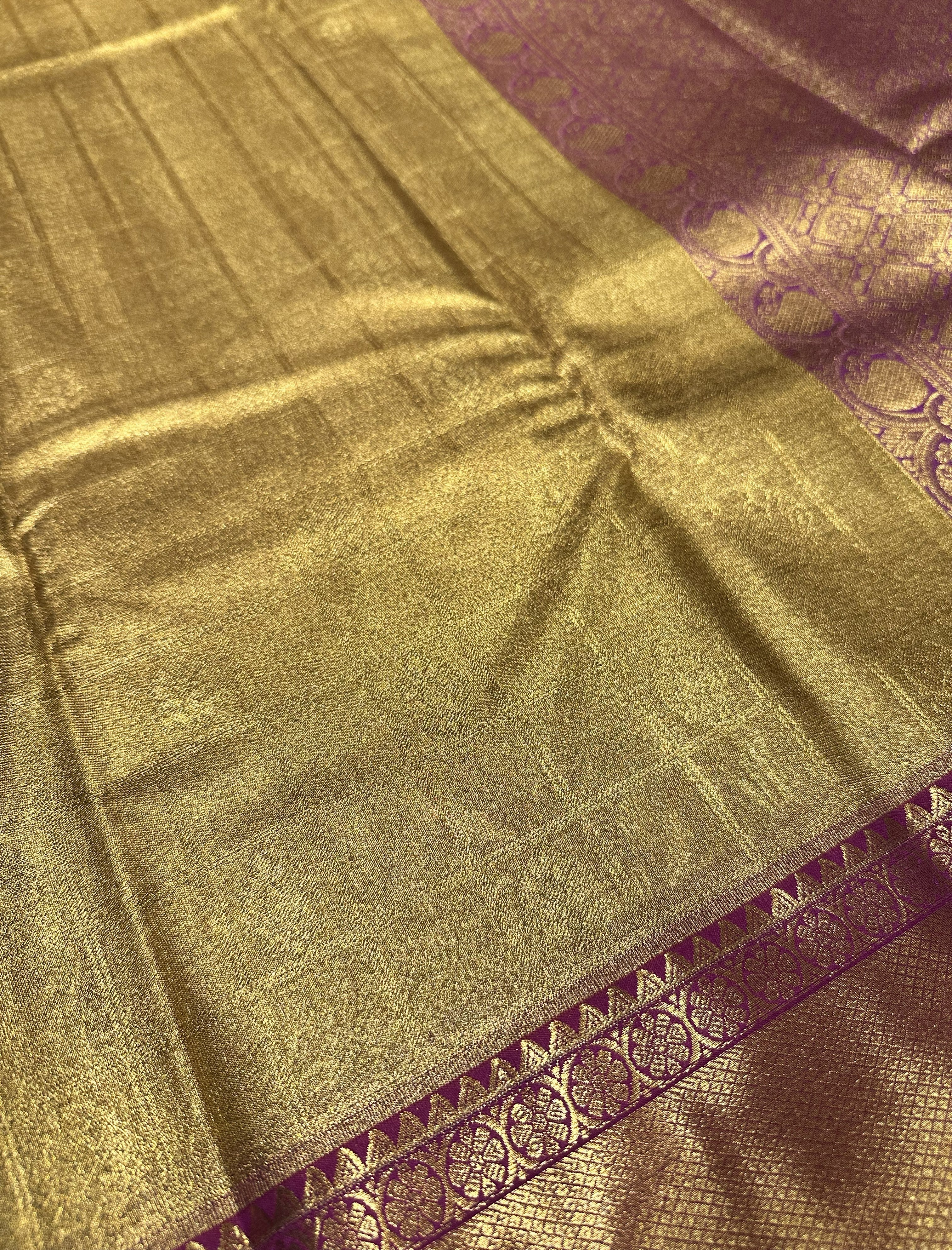 Rich Gold Semi Tissue Silk Saree With Purple Contrast