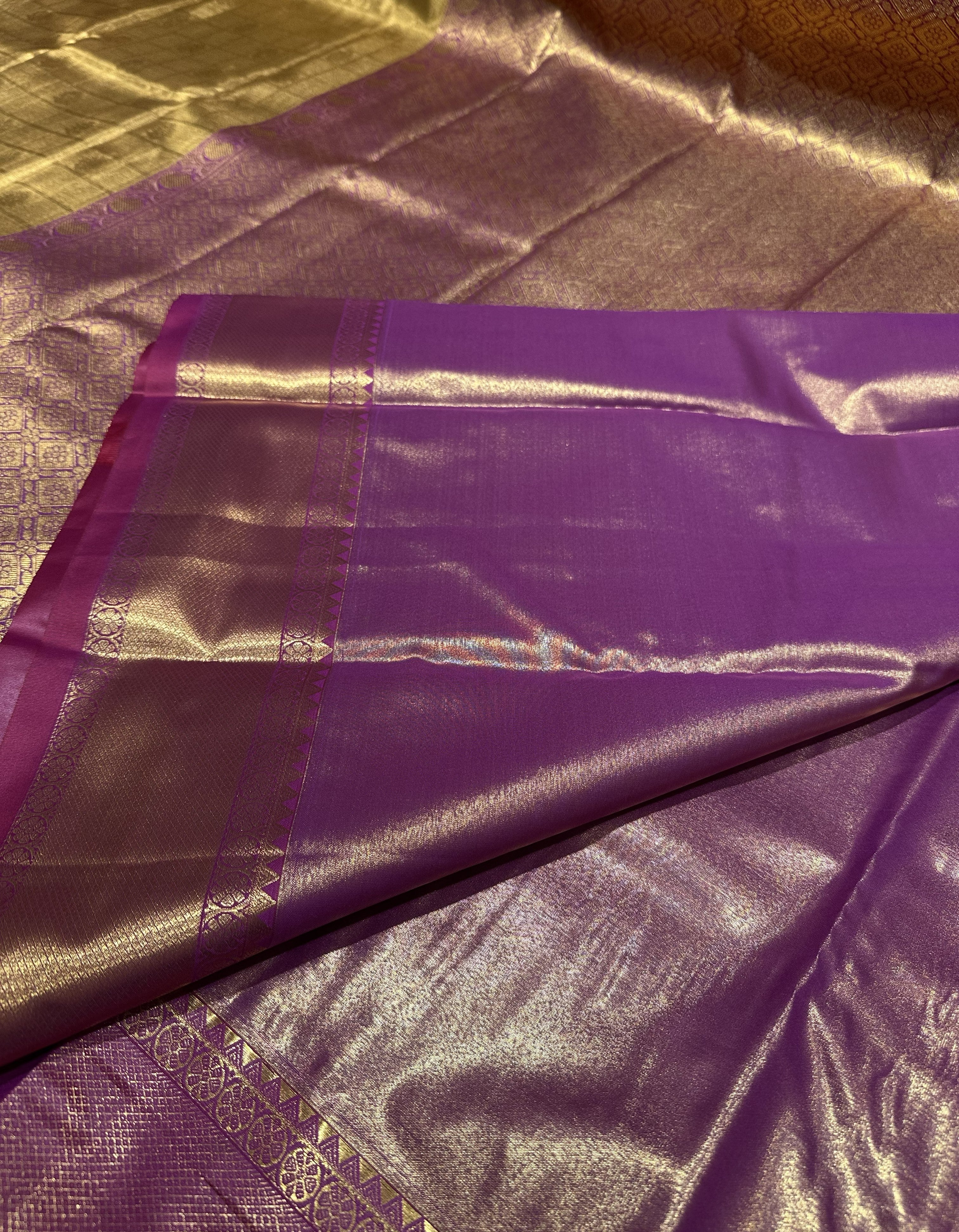 Rich Gold Semi Tissue Silk Saree With Purple Contrast
