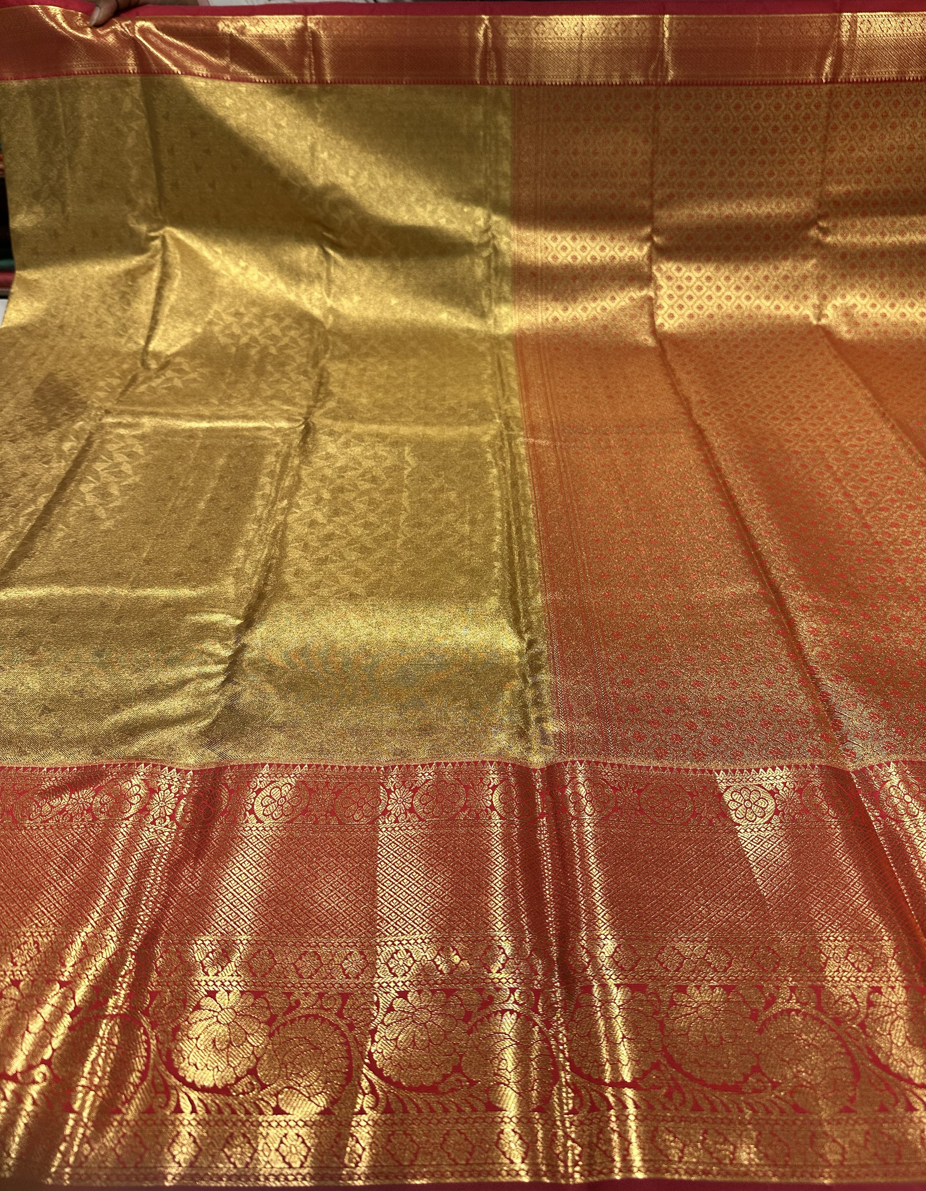 Rich Gold Semi Tissue Silk Saree With Red Contrast