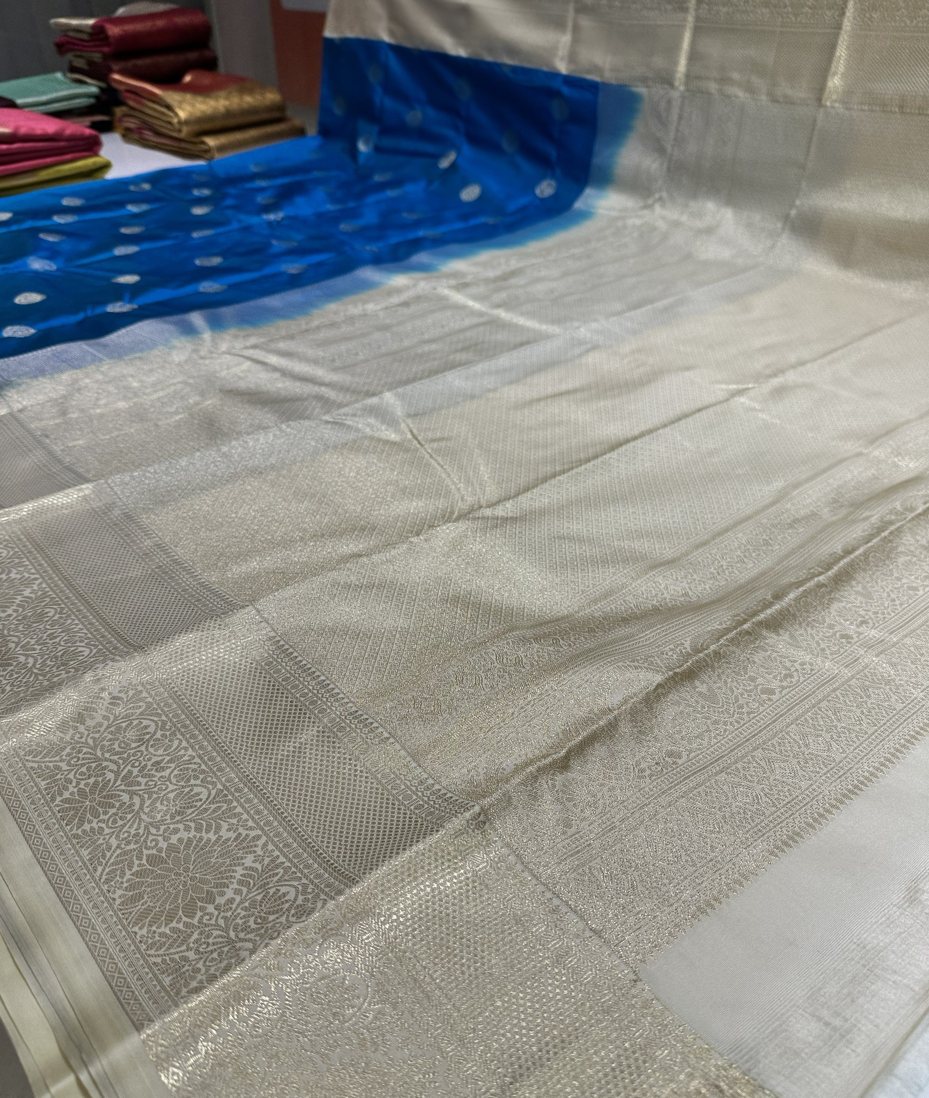 Elegant Royal Blue Semi Kanjivaram Silk Saree With Cream Contrast