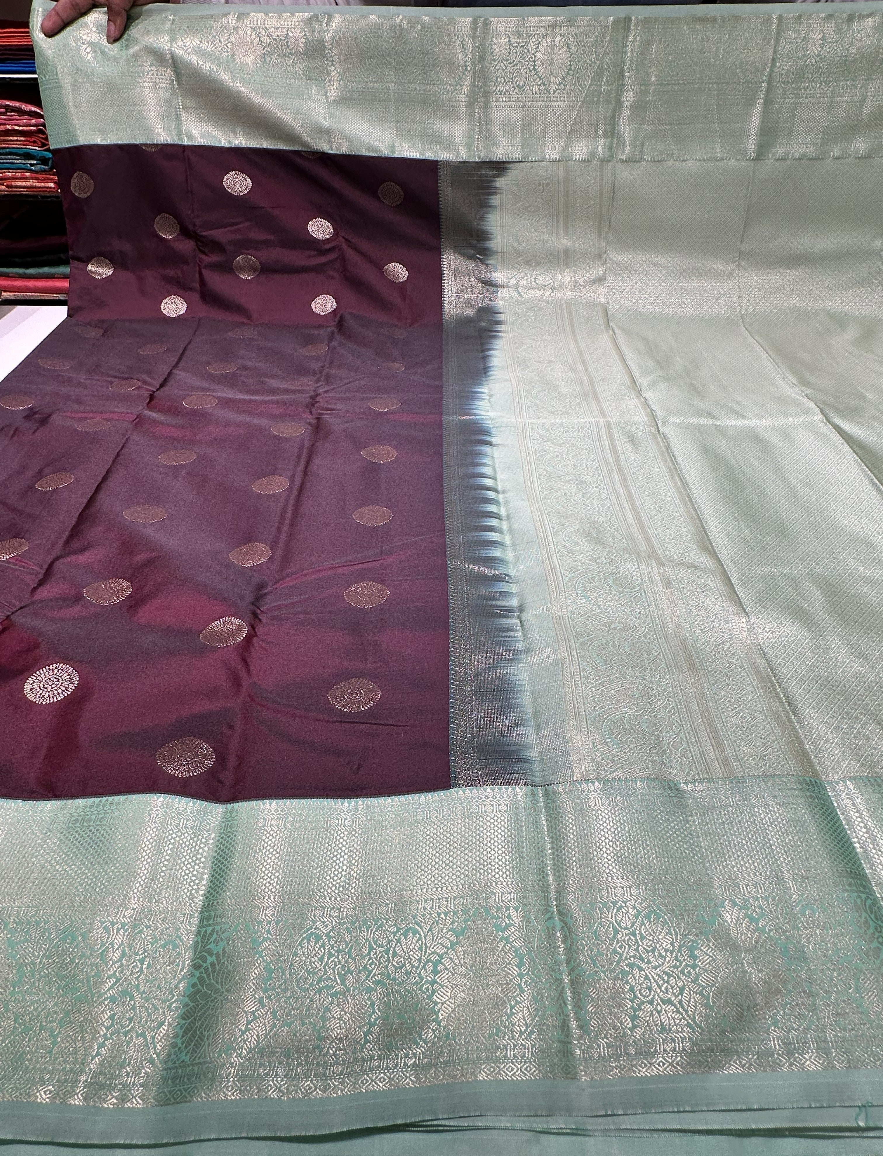 Dark Chocolate Brown Semi Kanjivaram Silk Saree With Pista Green Contrast