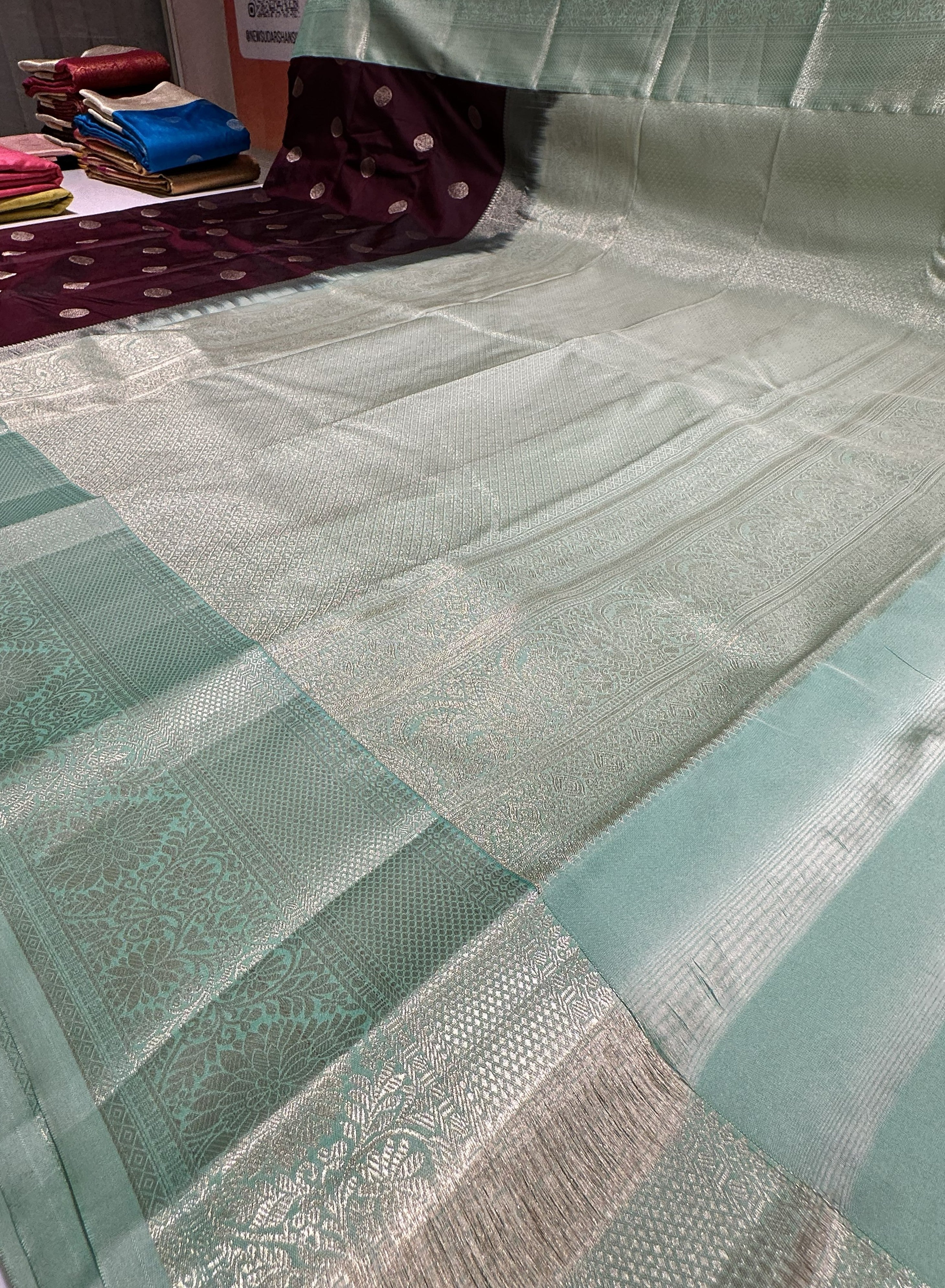 Dark Chocolate Brown Semi Kanjivaram Silk Saree With Pista Green Contrast