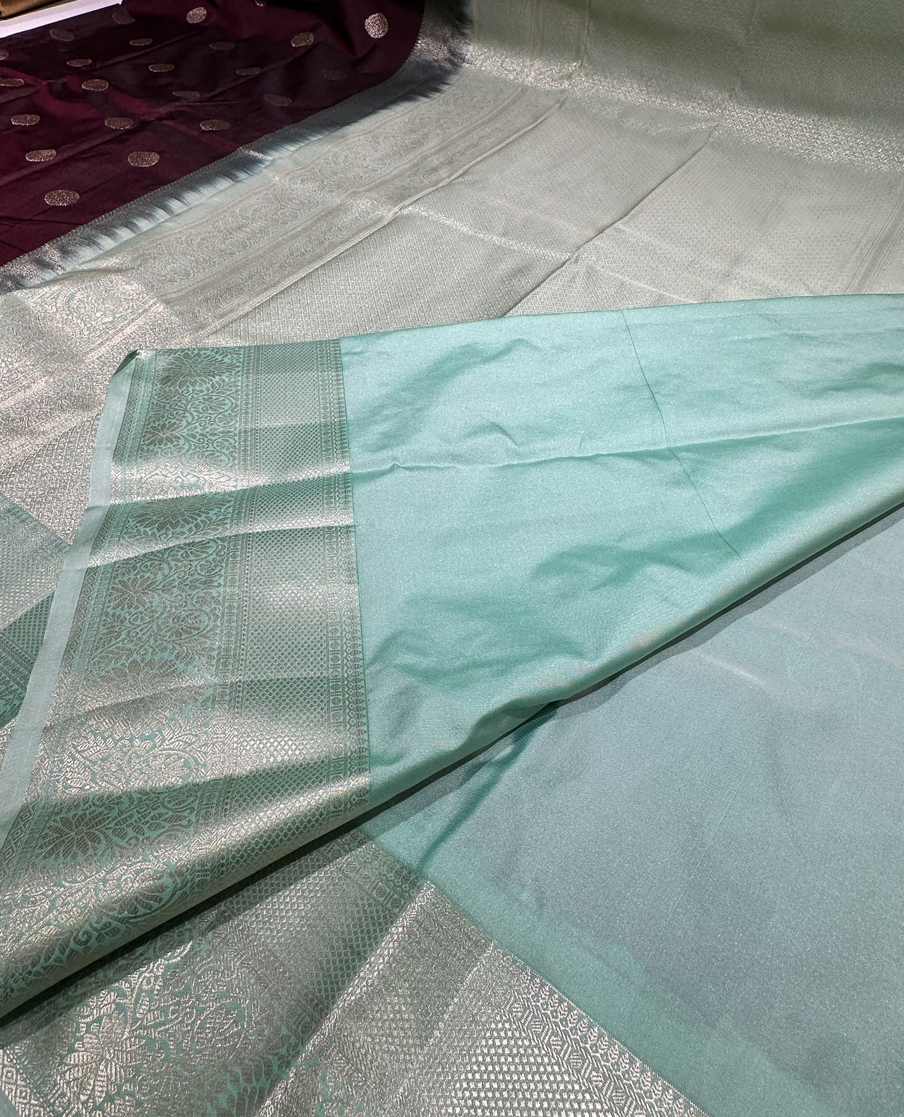 Dark Chocolate Brown Semi Kanjivaram Silk Saree With Pista Green Contrast