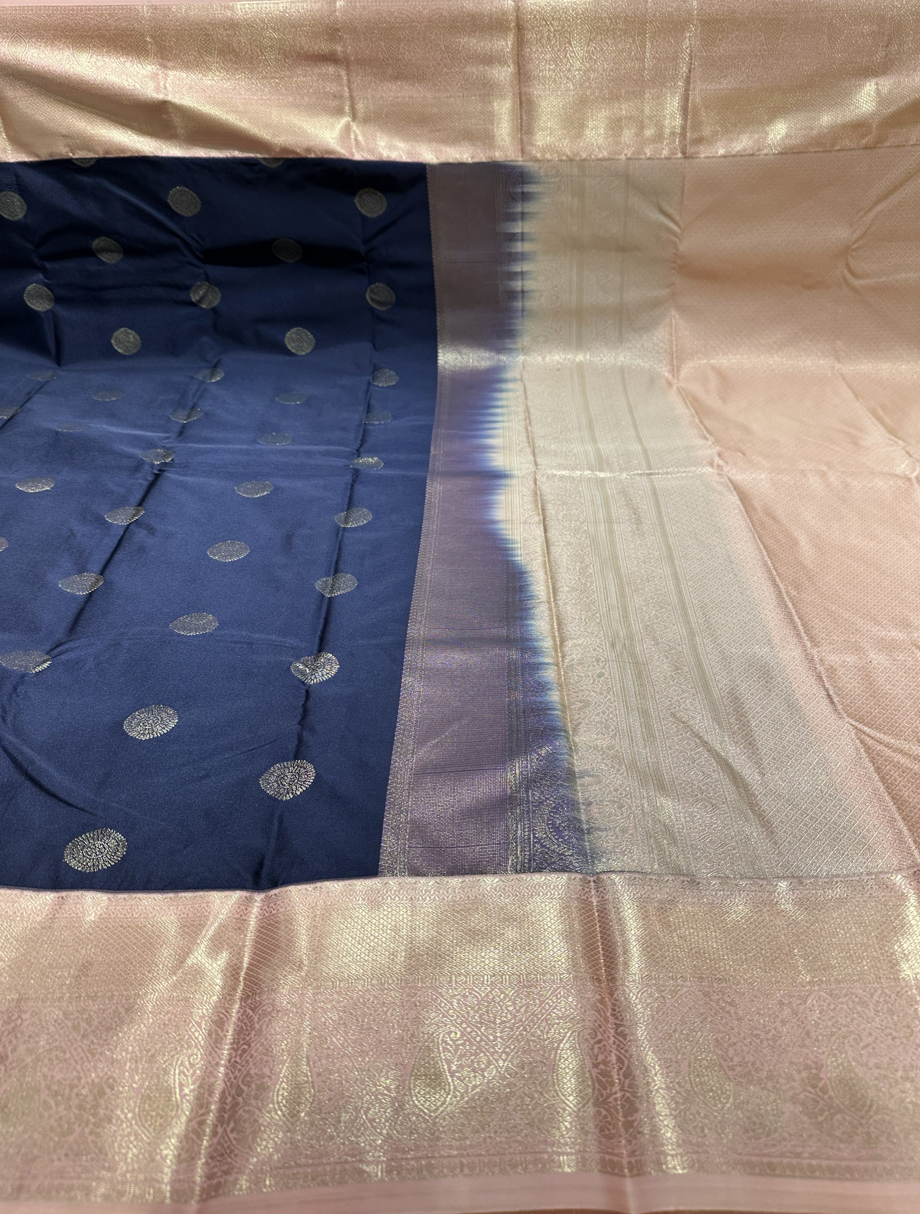 Premium Navy Blue Semi Kanjivaram Silk Saree With Baby Pink Contrast