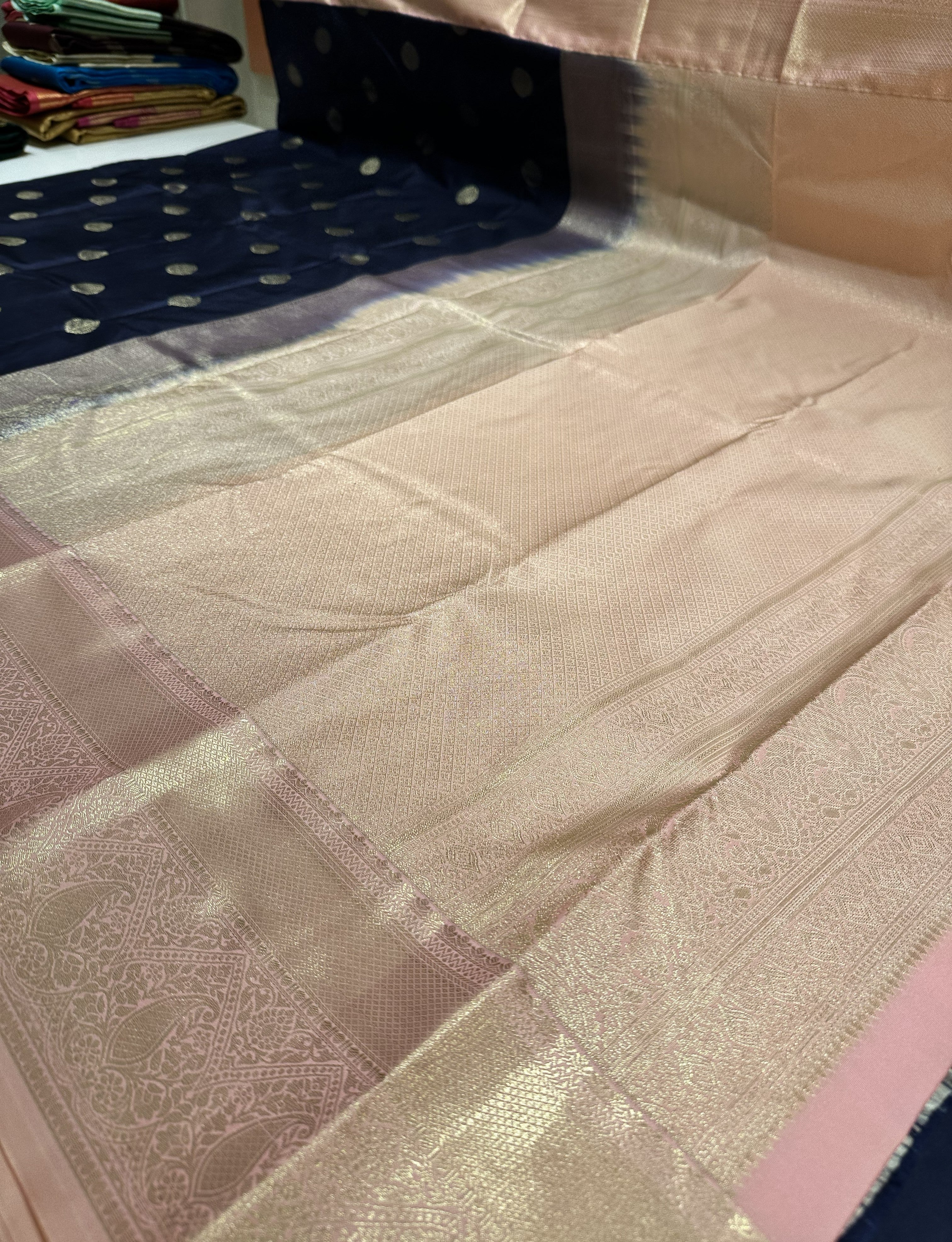 Premium Navy Blue Semi Kanjivaram Silk Saree With Baby Pink Contrast
