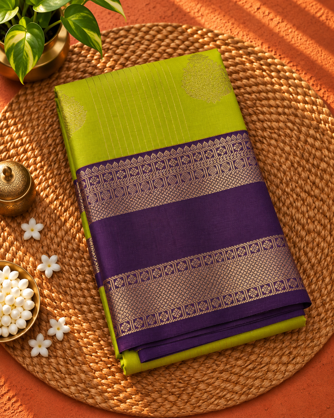 Lime Green Colour Silk Saree with Grape Purple Contrast NSS167