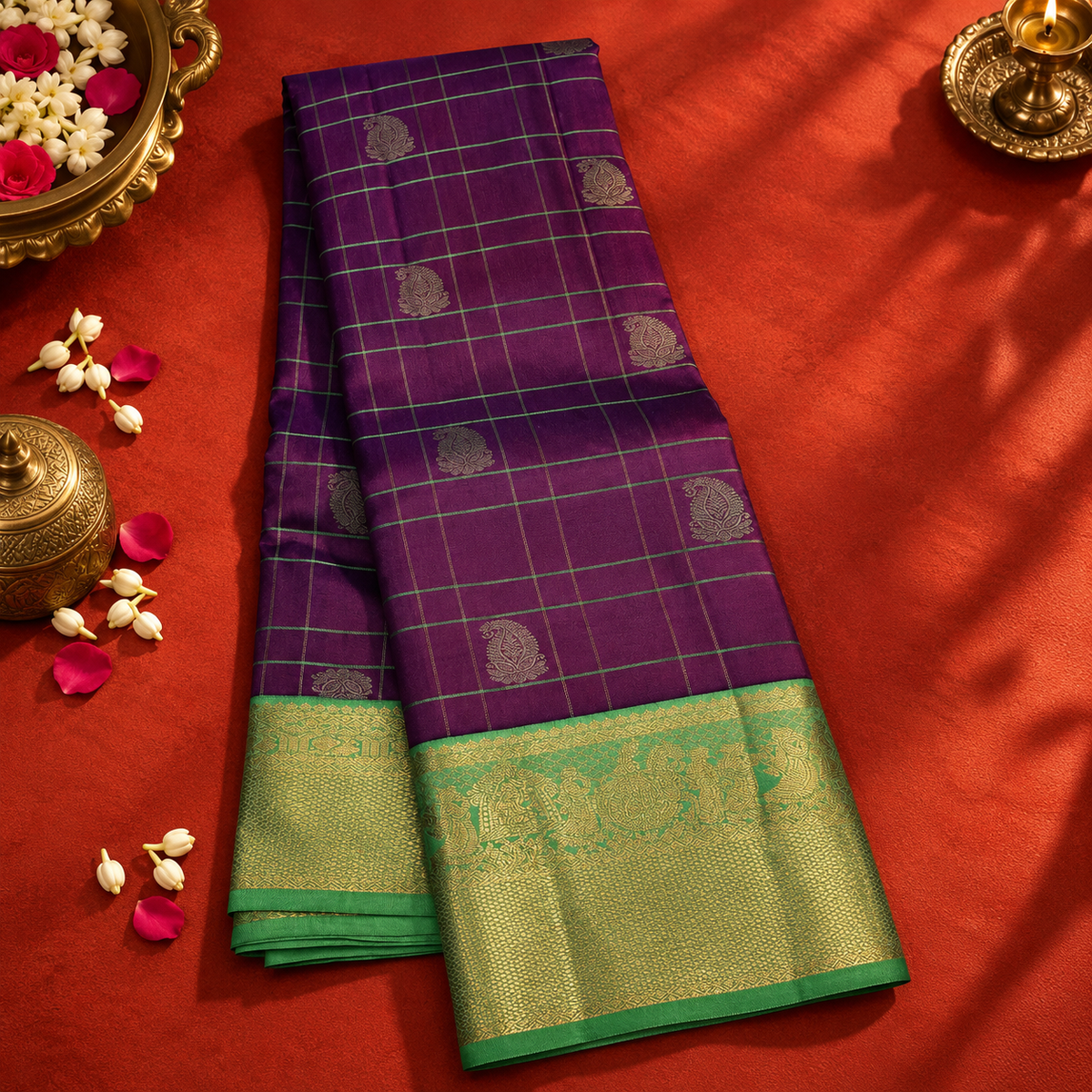 Lustrous Purple Colour Saree with Light Green Border