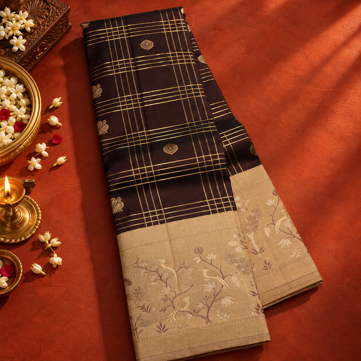 Luxurious Chocolate Brown Colour Pure Kanchipuram Silk Saree with Cream Fancy Border