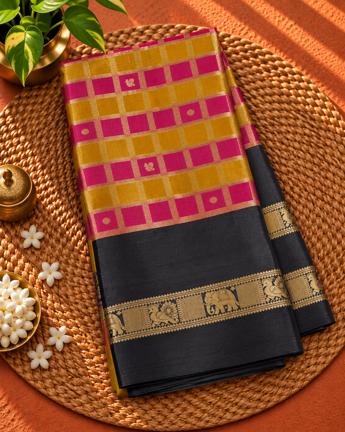Mustard Yellow & Pink Colour Semi Silk Saree with Black Contrast