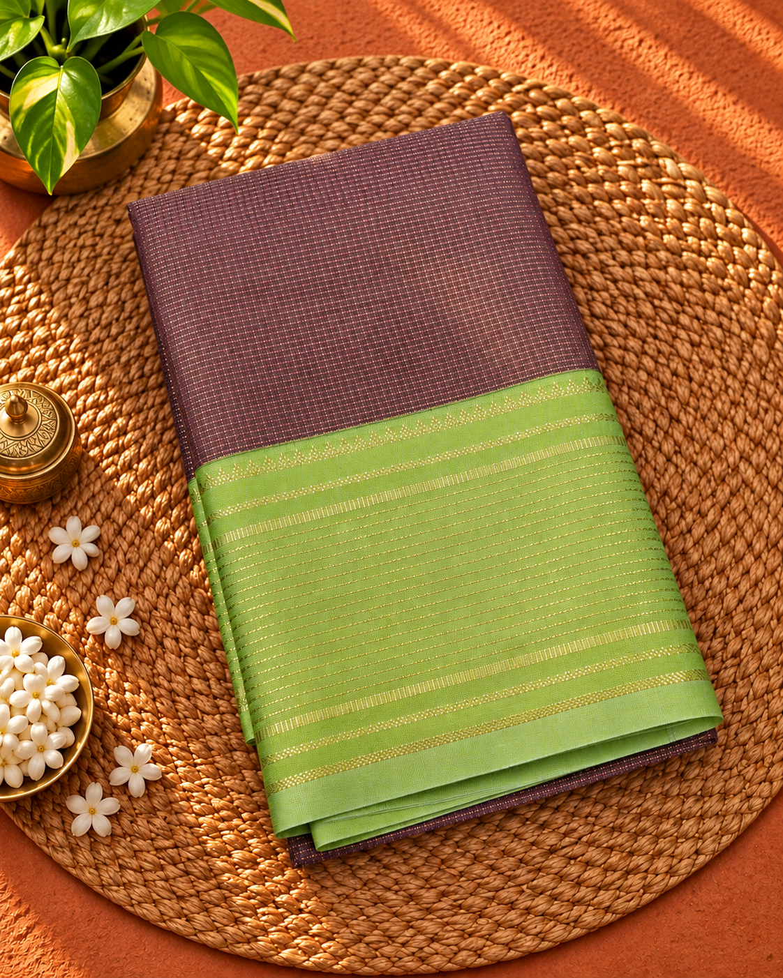 Onion Pink Colour Saree with Light Lime Green Contrast NSS174