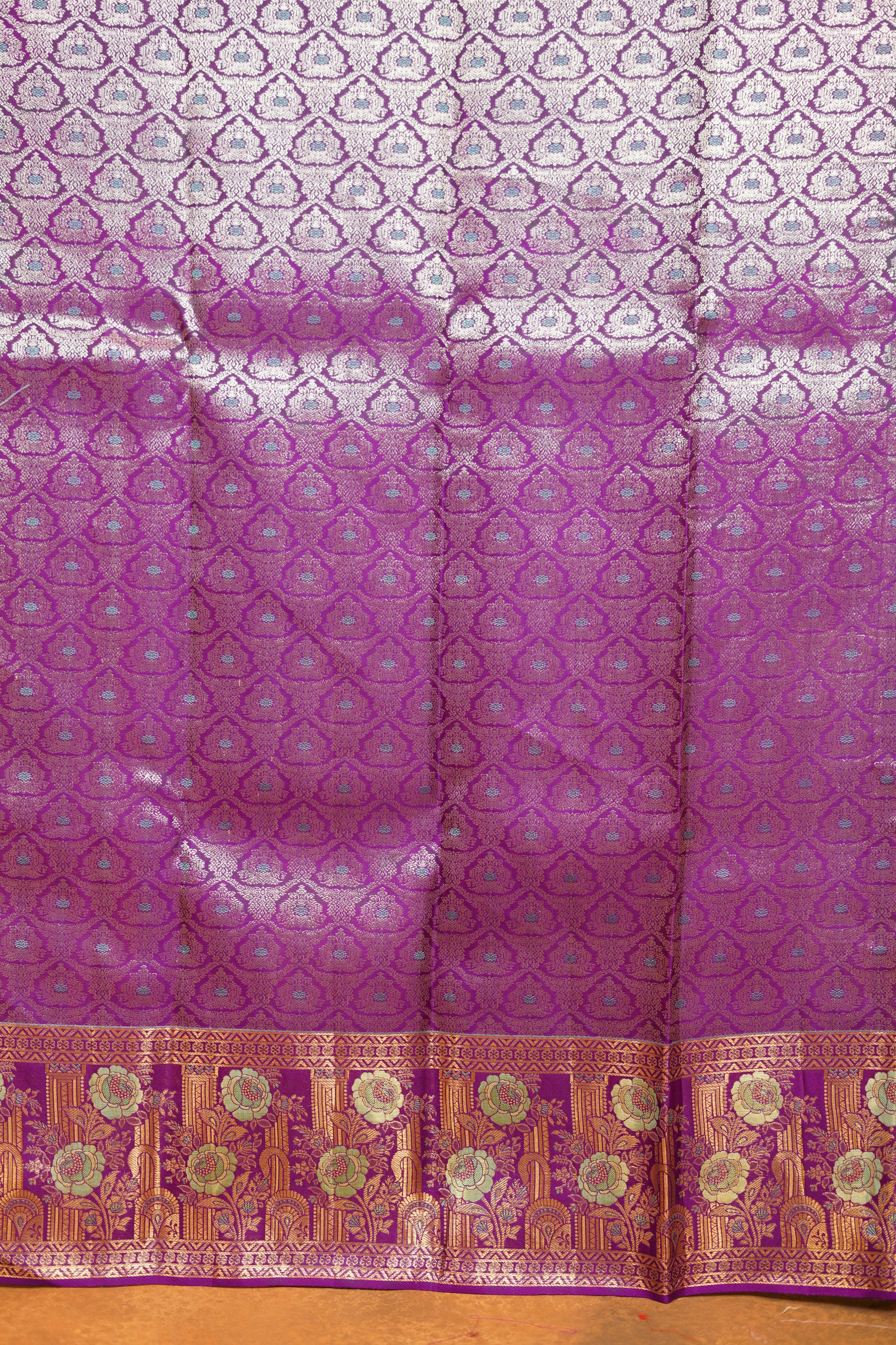 Pastel Green colour Pure Kanjivaram Silk Saree with Purple contrast