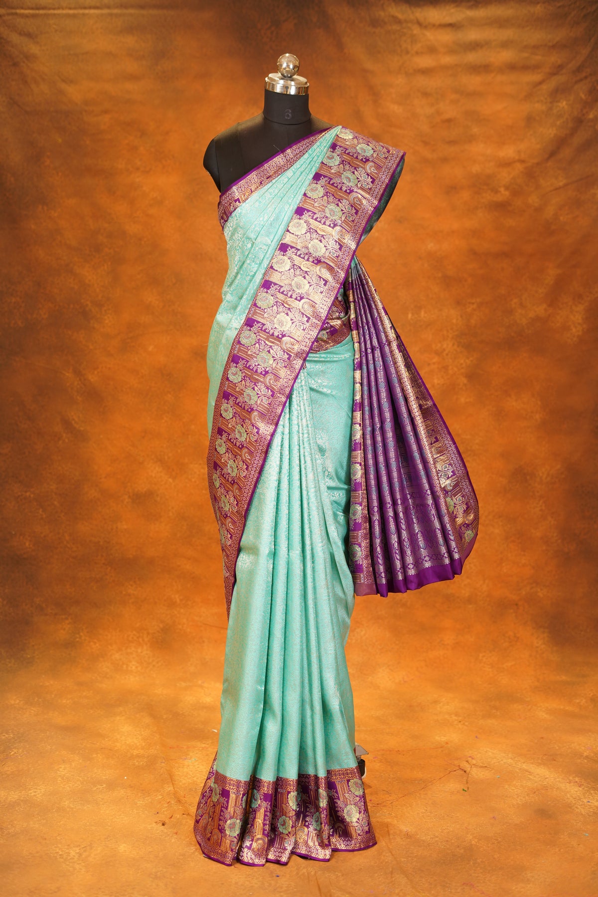 Pastel Green colour Pure Kanjivaram Silk Saree with Purple contrast