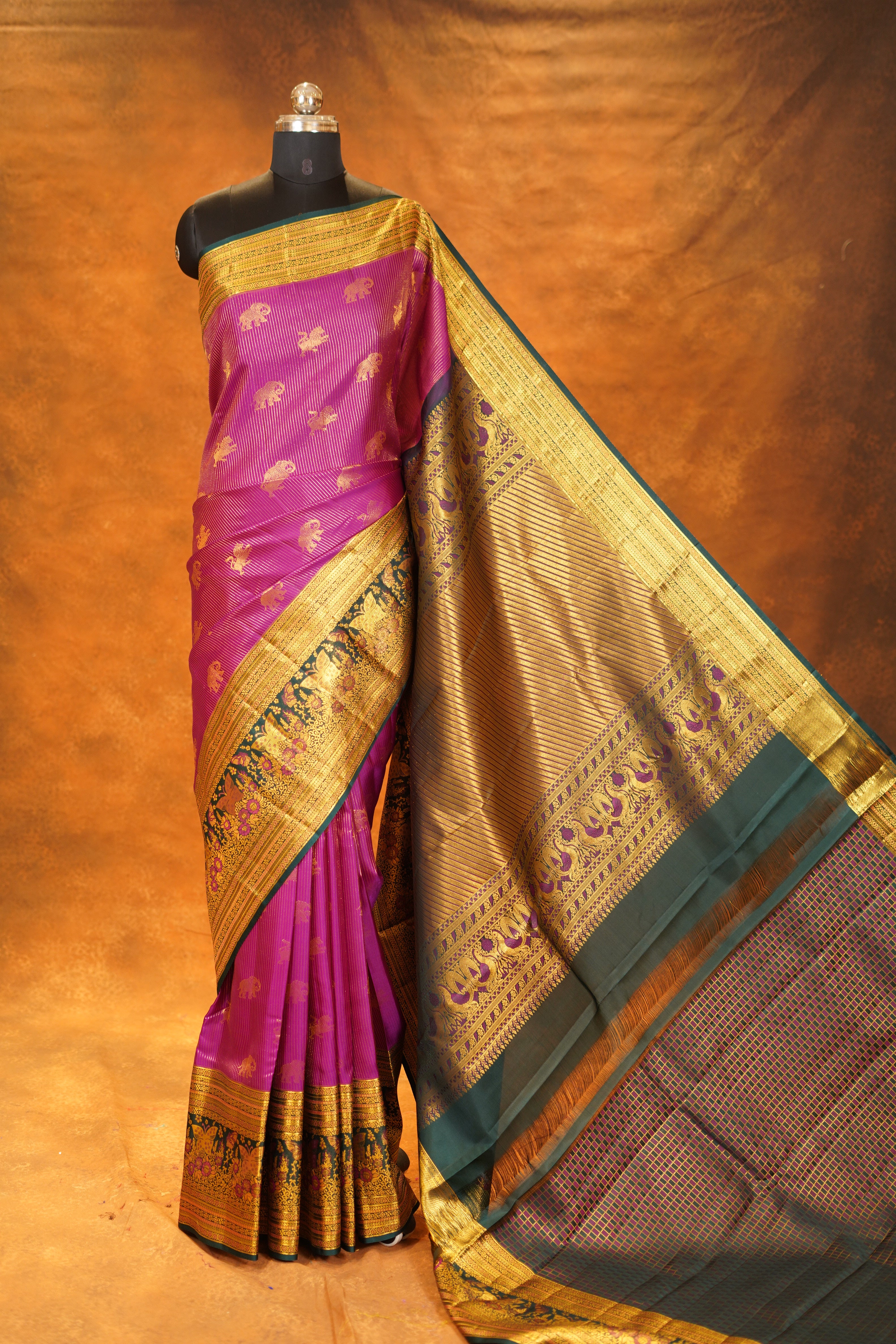 Magenta Pink Pure Kanjivaram Silk Saree with Bottle Green Contrast