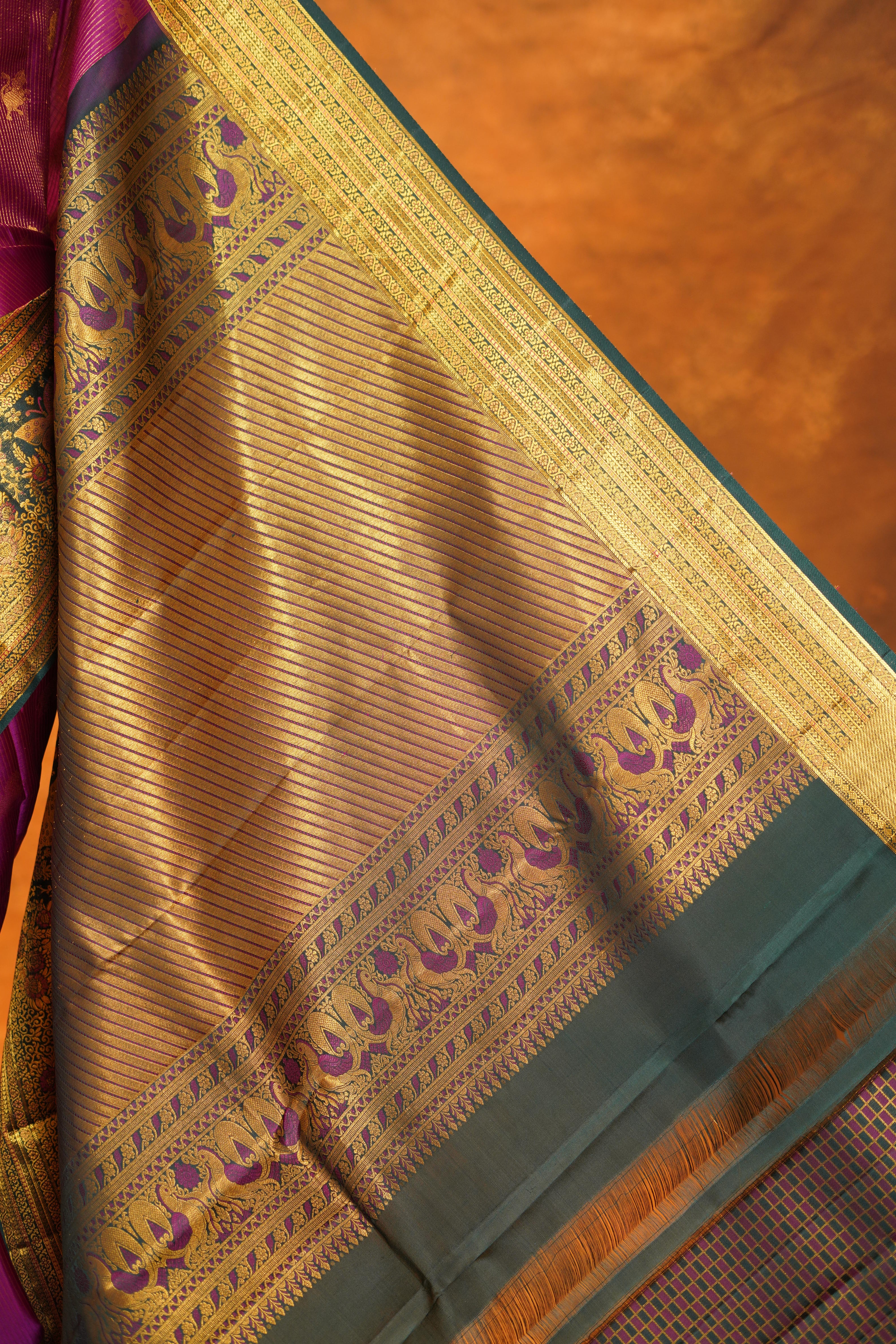 Magenta Pink Pure Kanjivaram Silk Saree with Bottle Green Contrast