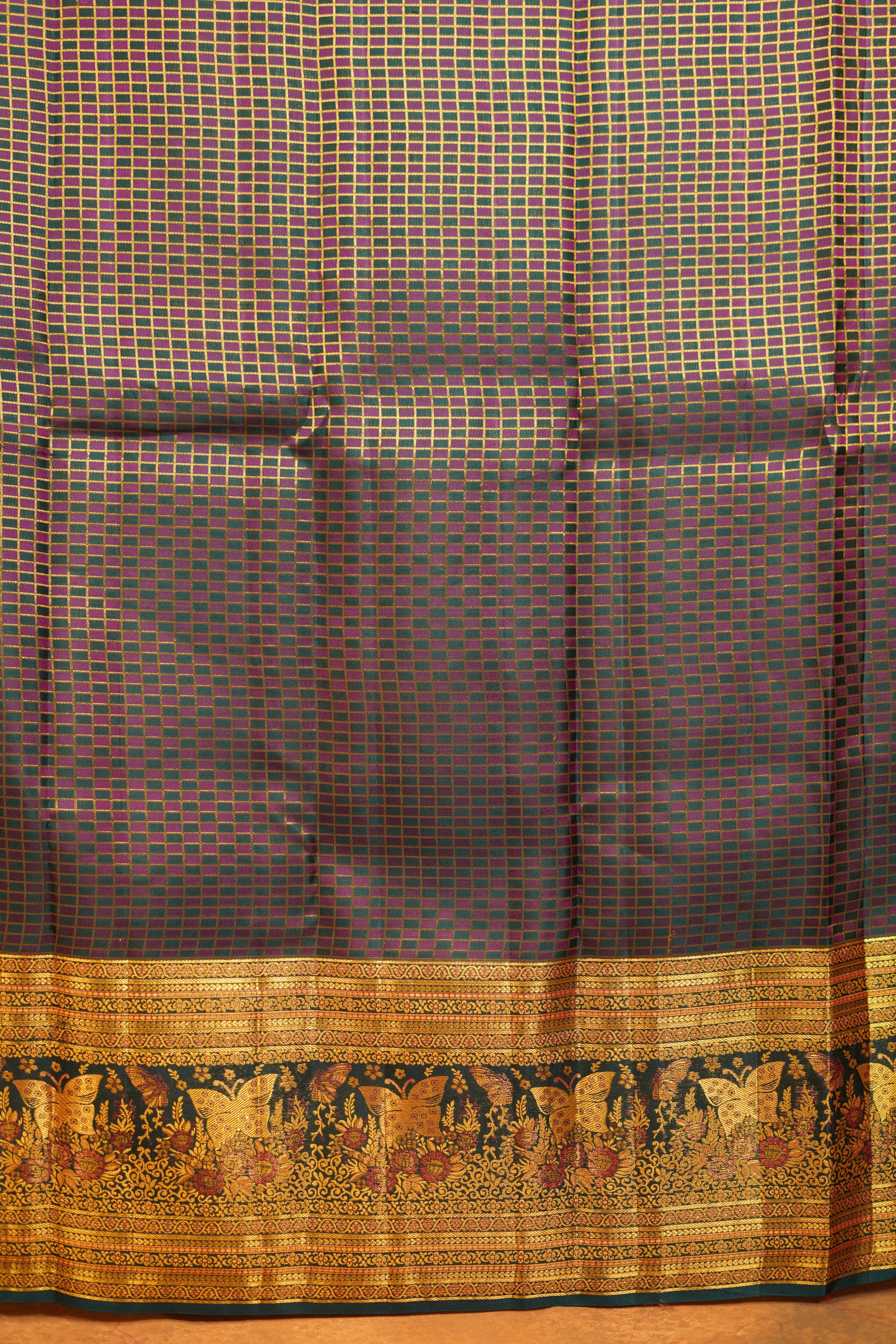Magenta Pink Pure Kanjivaram Silk Saree with Bottle Green Contrast