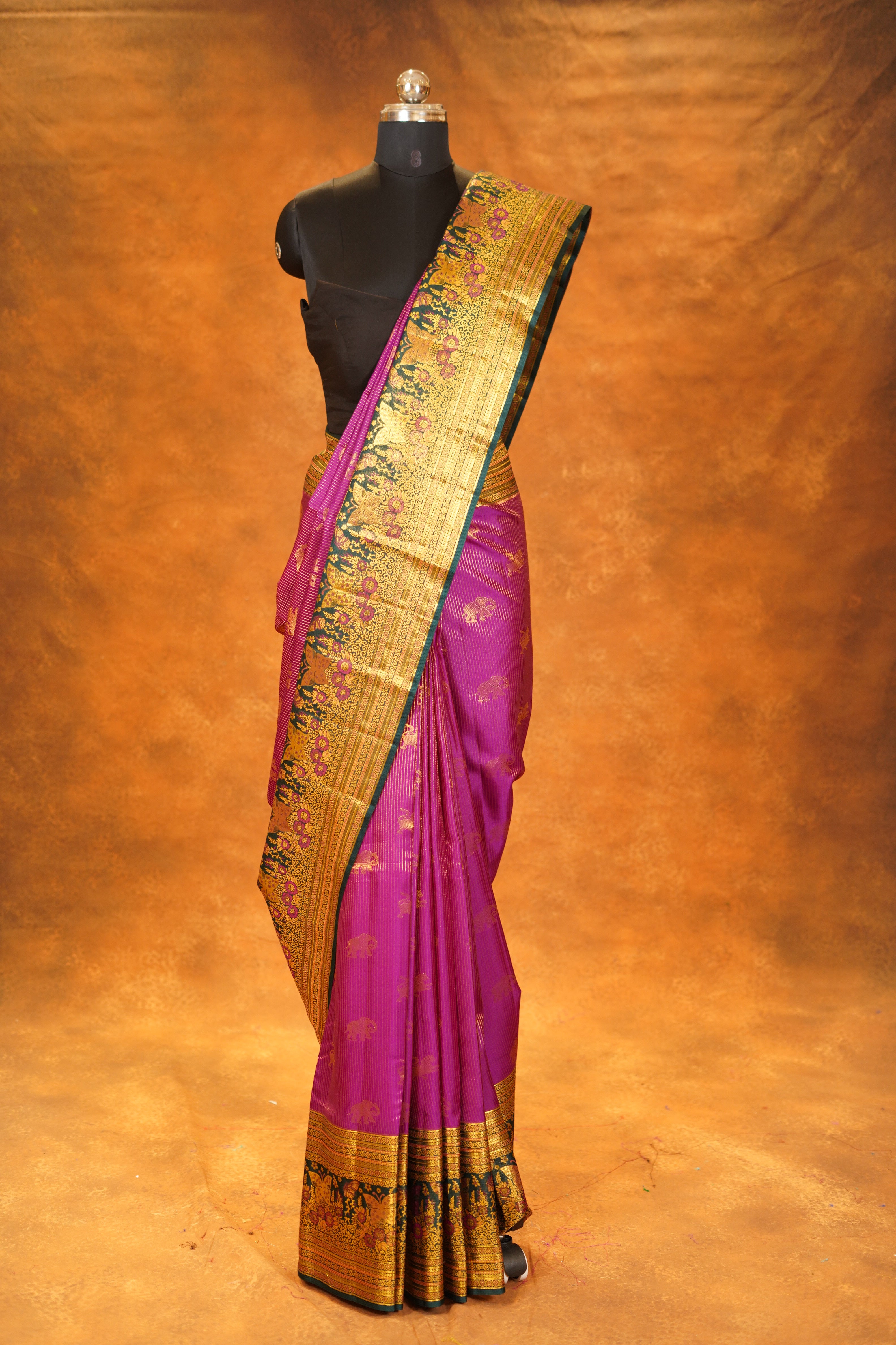 Magenta Pink Pure Kanjivaram Silk Saree with Bottle Green Contrast