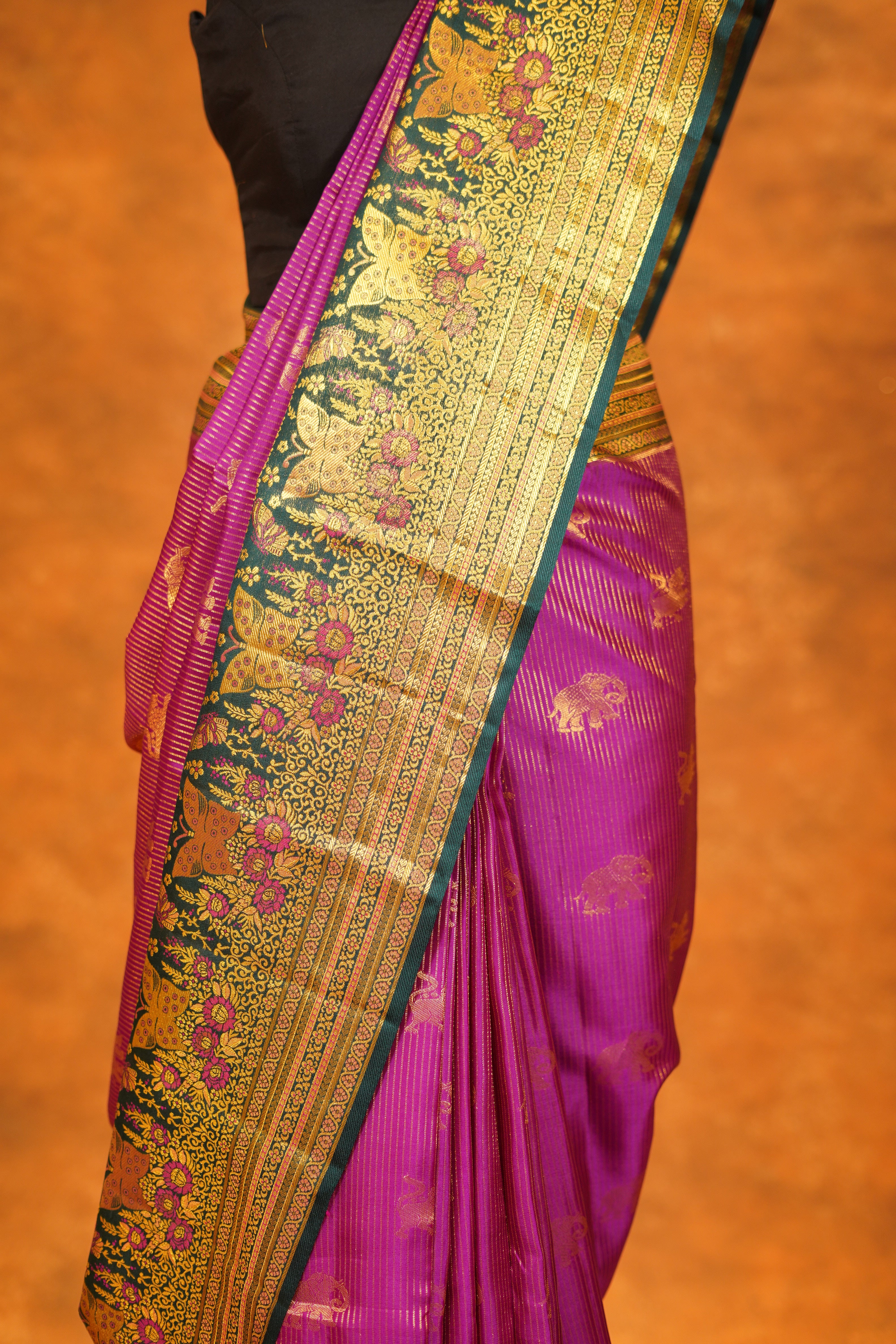 Magenta Pink Pure Kanjivaram Silk Saree with Bottle Green Contrast