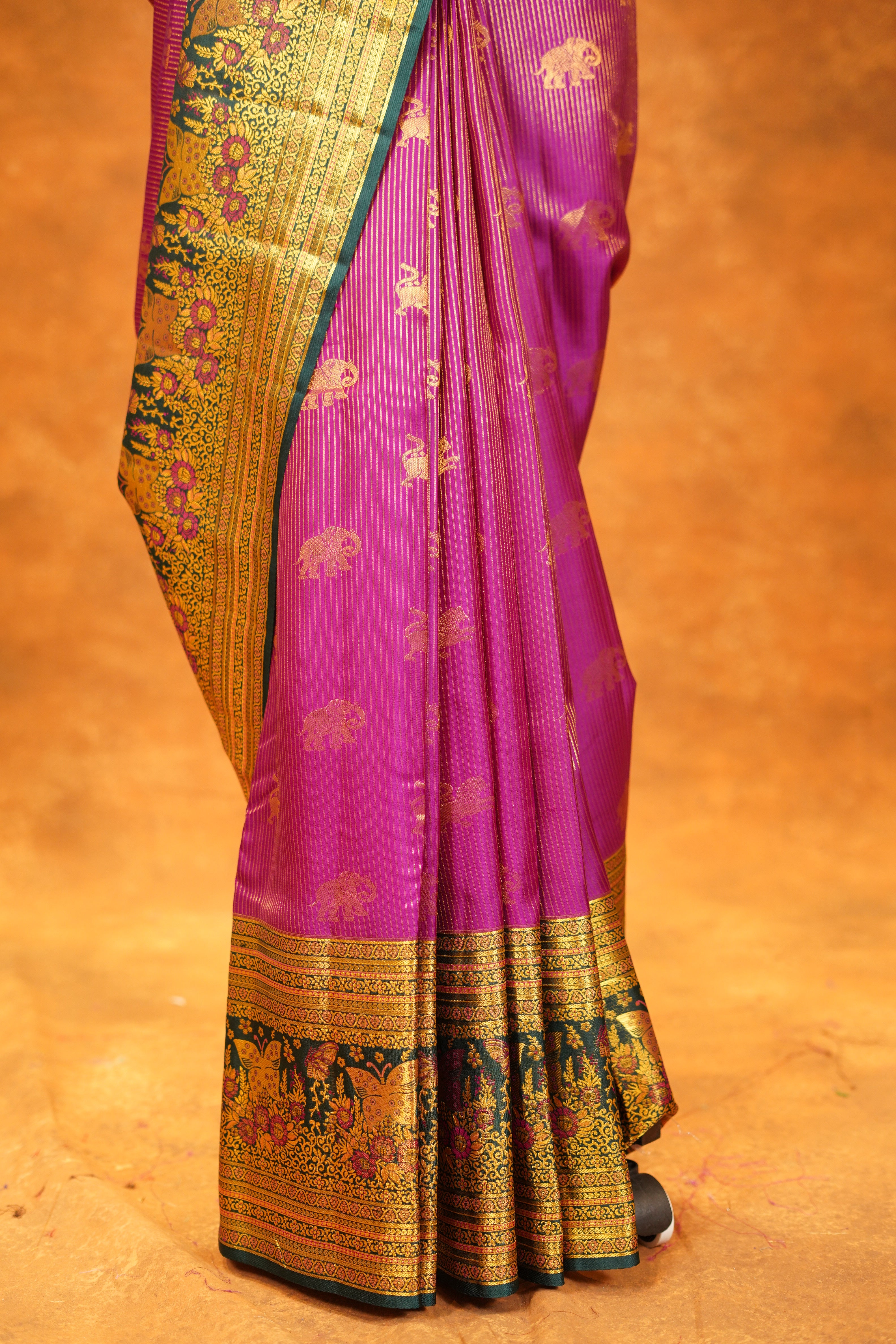 Magenta Pink Pure Kanjivaram Silk Saree with Bottle Green Contrast