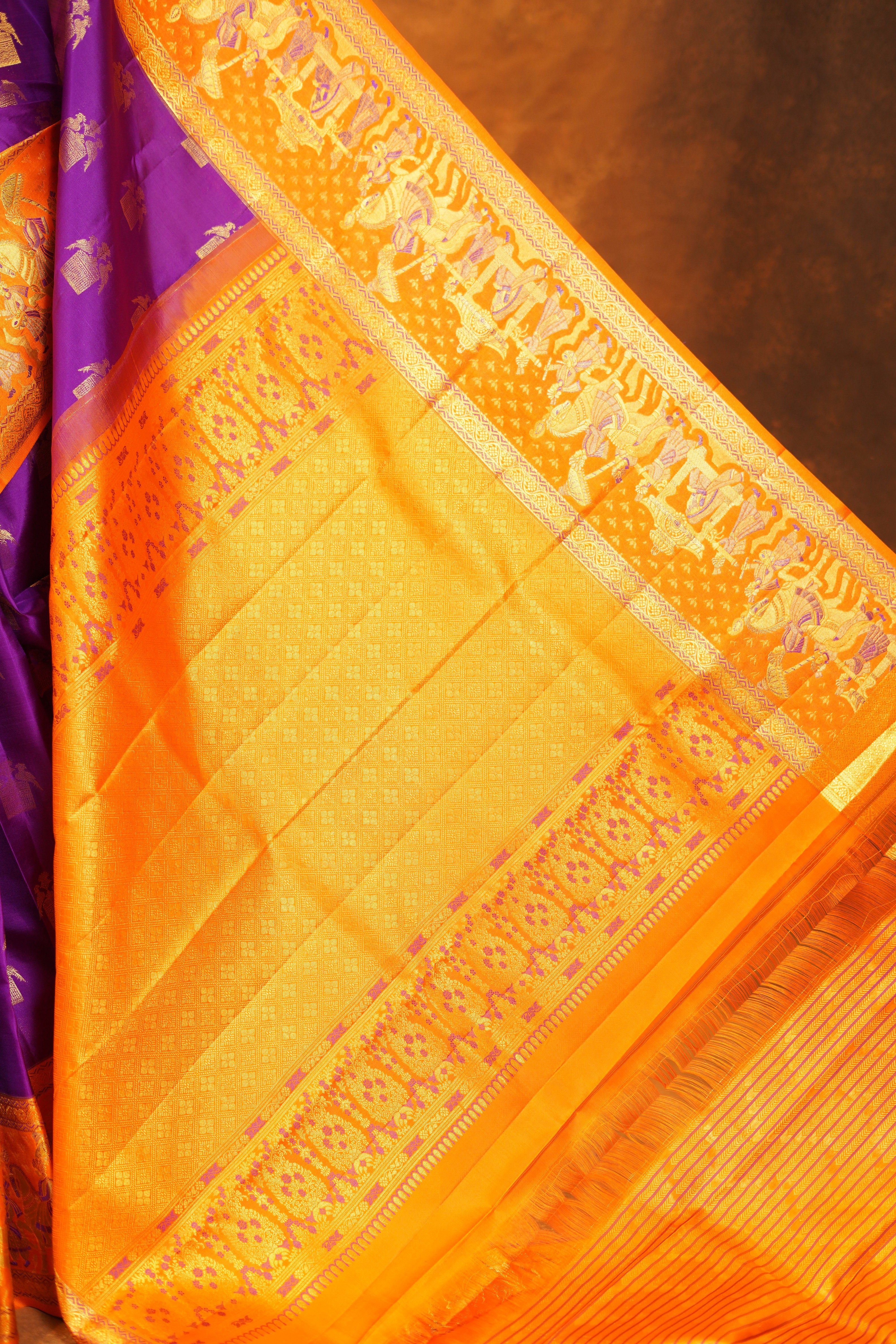 Magenta Colour Pure Kanjivaram Silk Saree with Orange Contrast